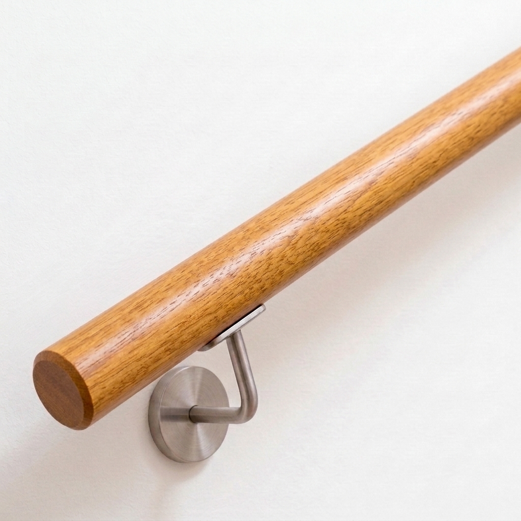 Pasamanos redondo de iroko marrón dorado con soporte de acero inoxidable en pared blanca, extremo recto, vista desde arriba