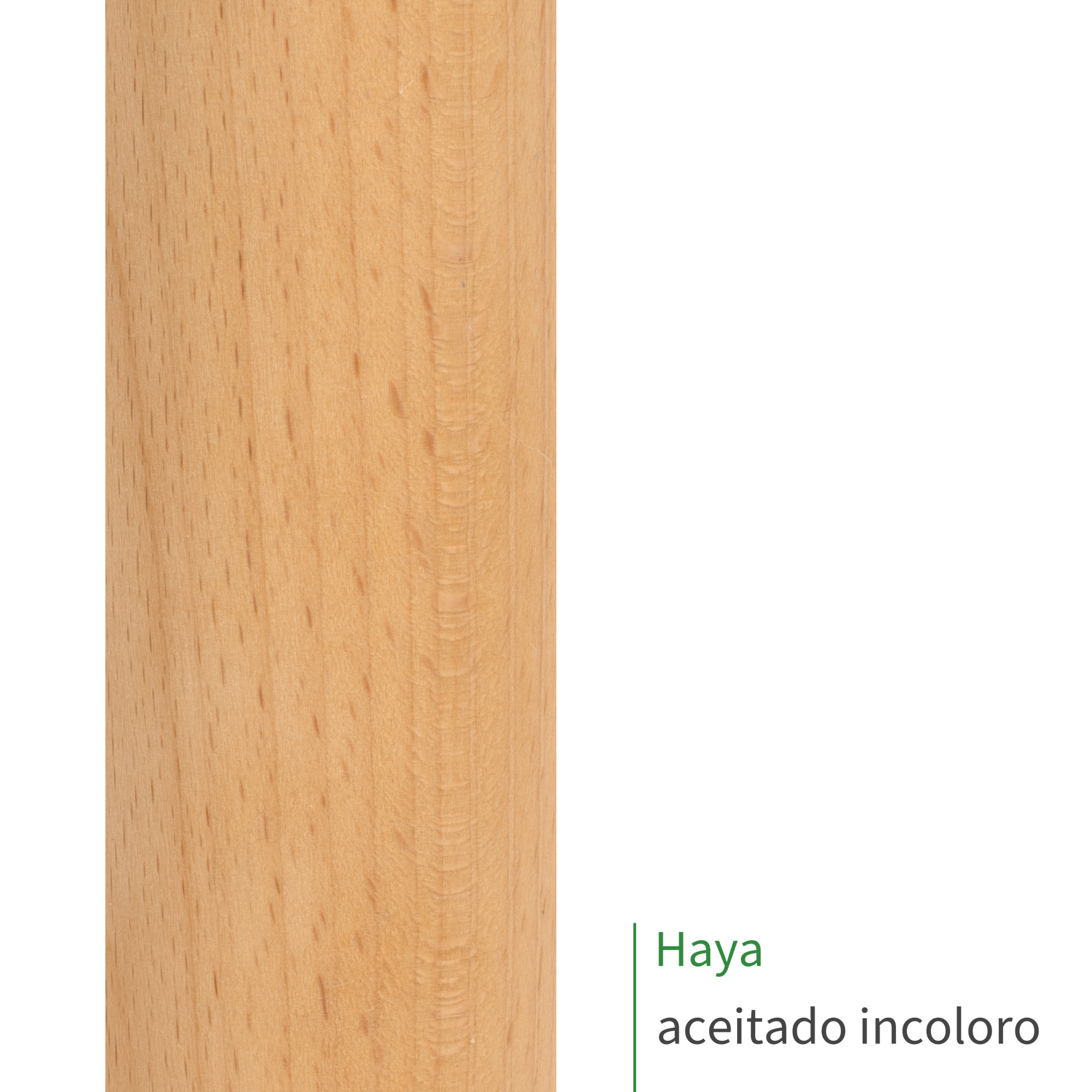 Barra redonda de madera de haya aceitada incolora: superficie cálida con poros finos y rótulo «Haya aceitado incoloro»