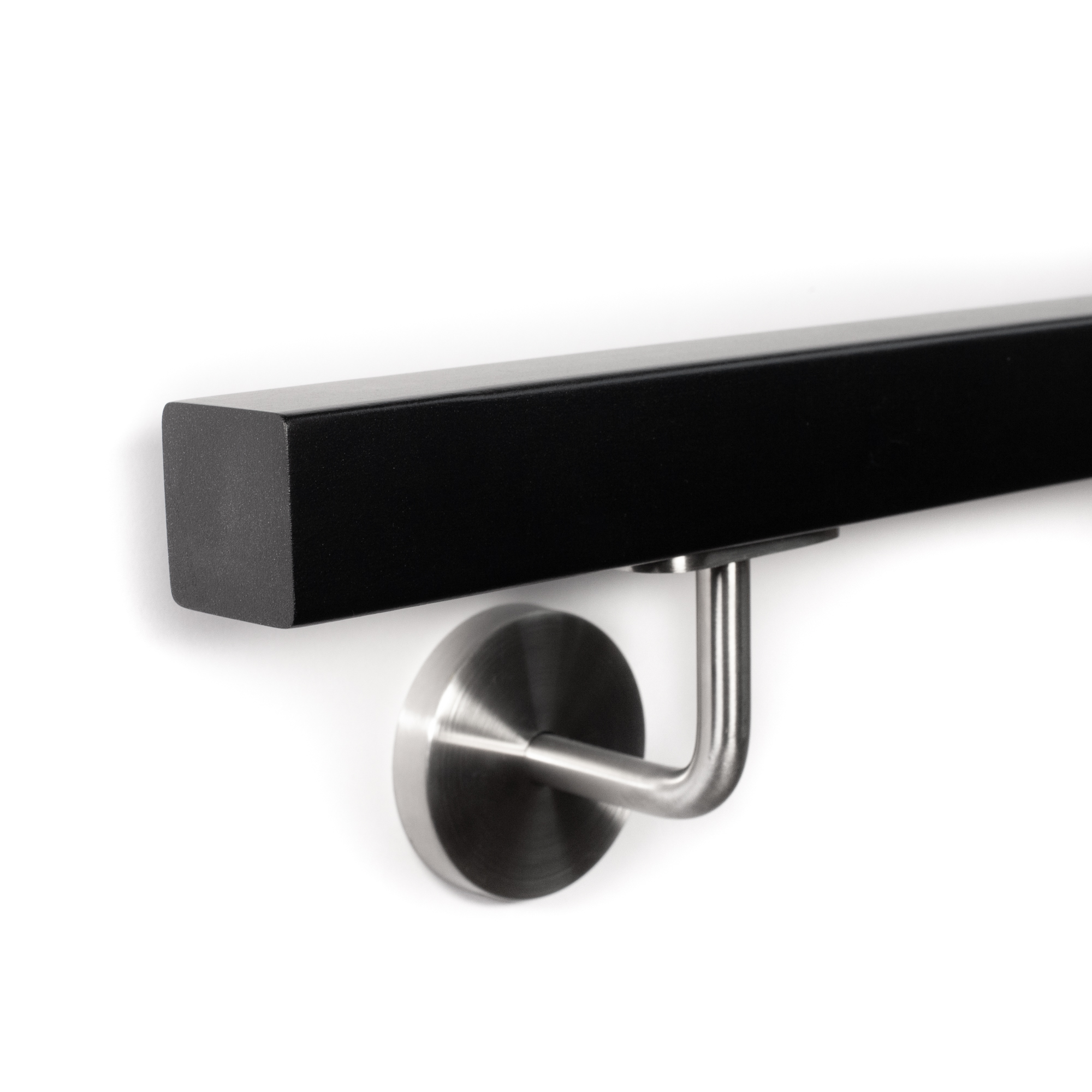 Pasamanos cuadrado de haya negro con soporte de acero inoxidable, extremo recto con cantos vivos, montaje en pared