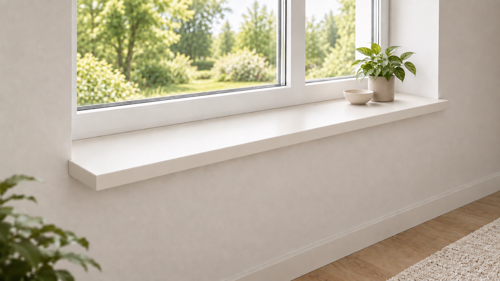 Alféizar claro de interior con vista a la vegetación, alféizar blanco en pared clara, pequeña planta y suelo de madera