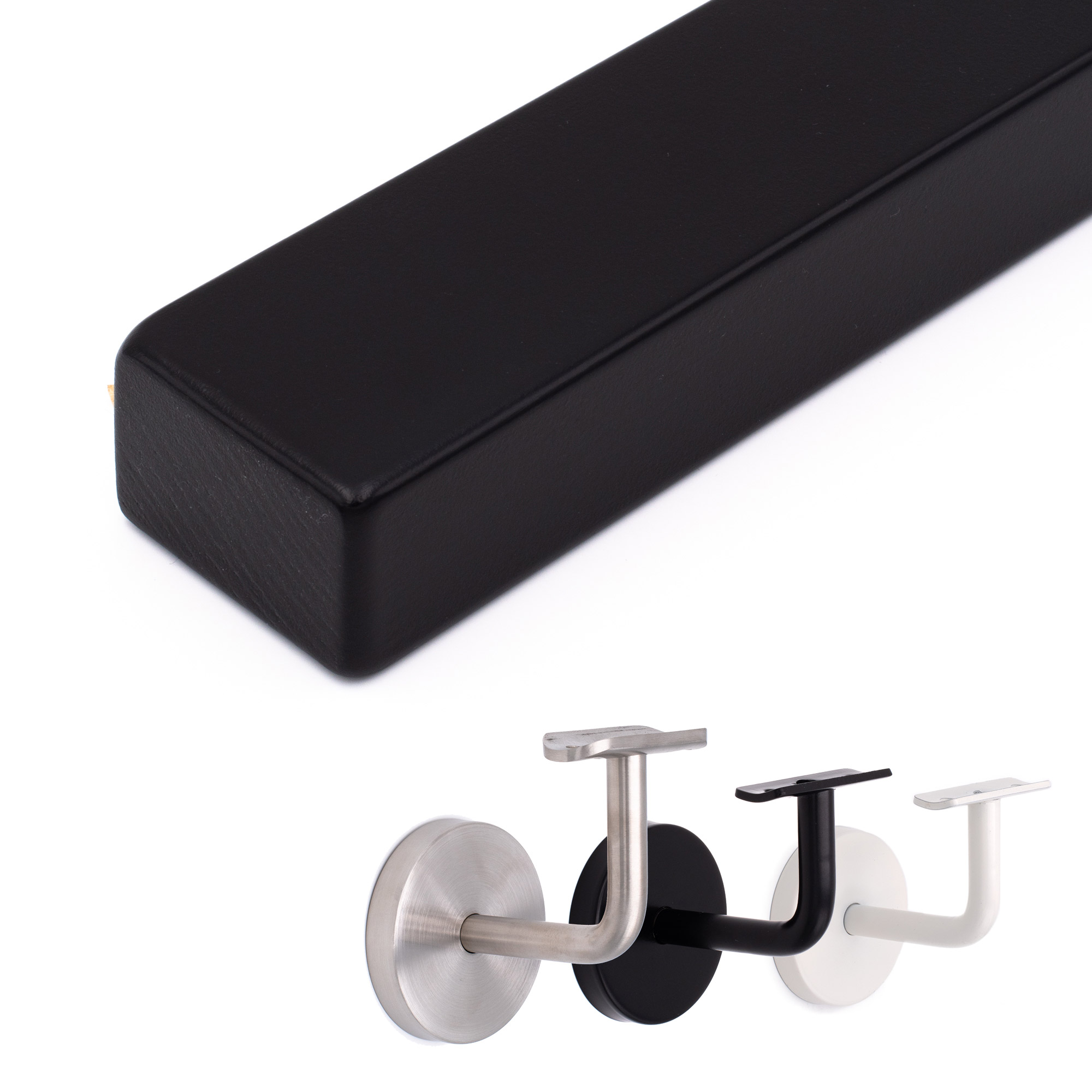 Pasamanos rectangular de haya negro en horizontal, cantos redondeados, junto a soportes en acero inoxidable, negro y blanco