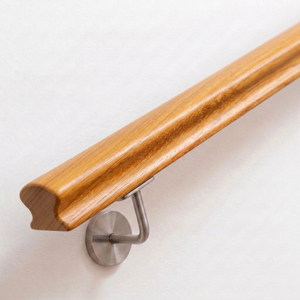 Pasamanos Omega de iroko marrón dorado con sección perfilada, soporte de acero inoxidable en pared blanca, extremo recto