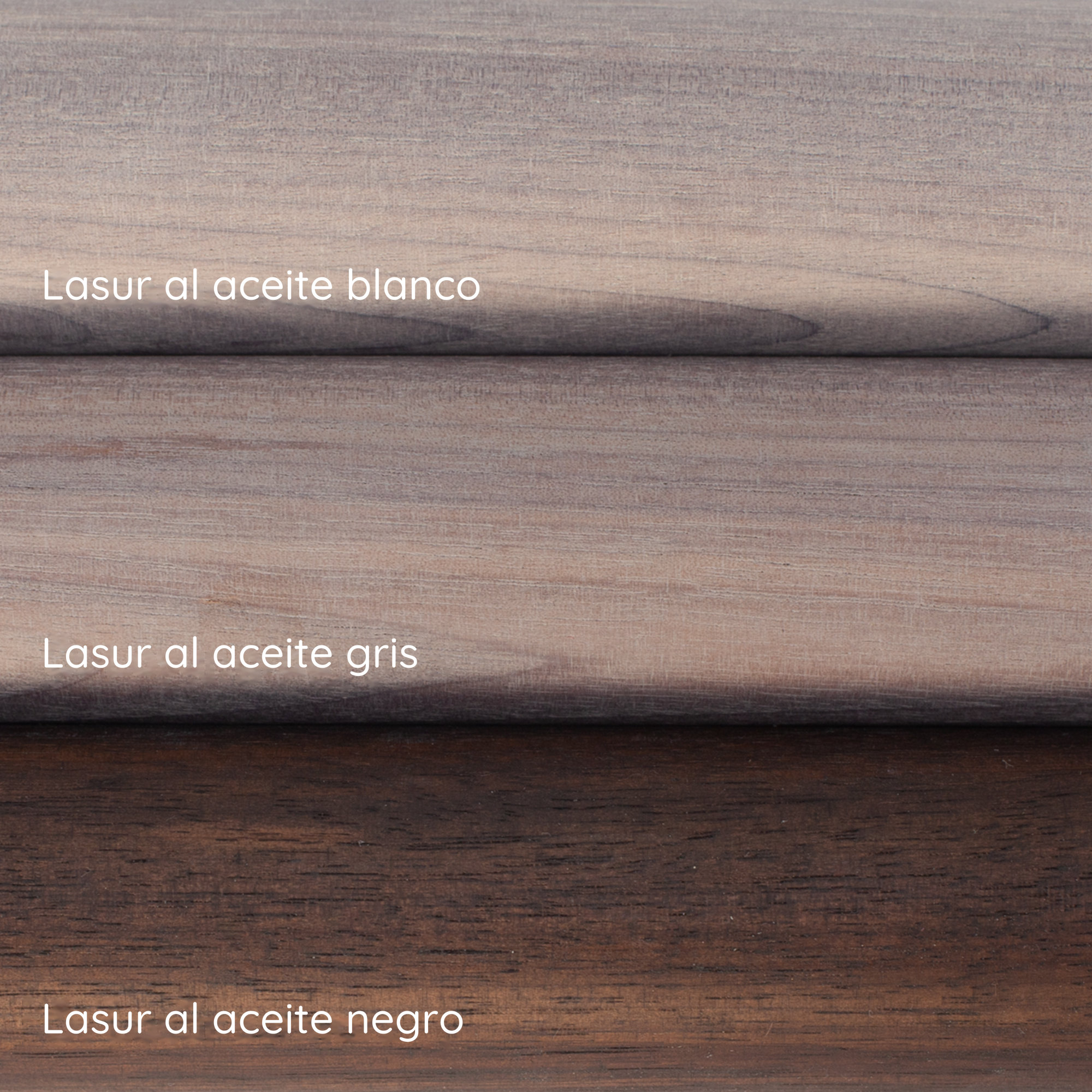 Lasur al aceite blanco, gris y negro sobre pasamanos de nogal: tres muestras de color superpuestas con rótulo