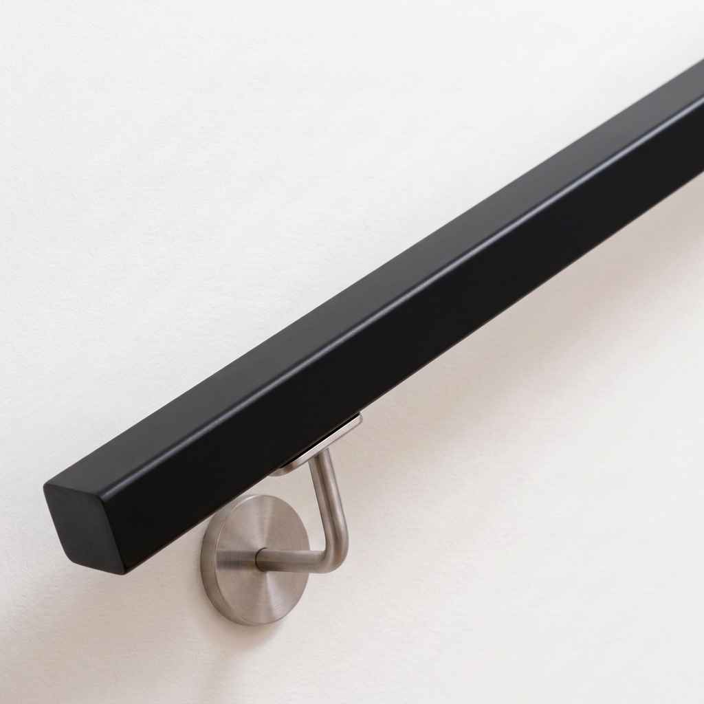 Pasamanos cuadrado negro de haya lacado con soporte de acero inoxidable en pared blanca, extremo recto, vista desde arriba