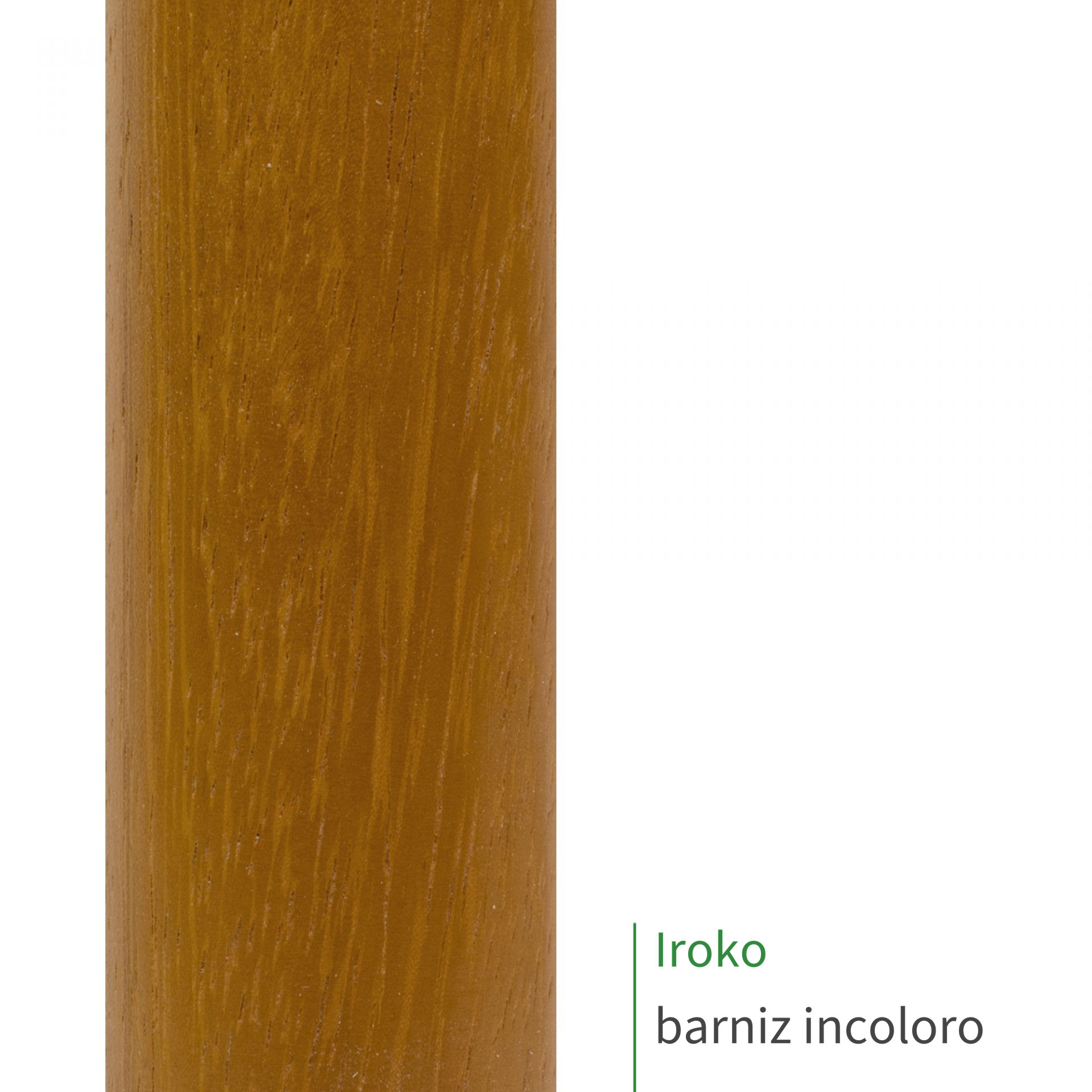 Muestra de pasamanos de iroko con barniz incoloro, veteado marrón dorado uniforme, rótulo «Iroko barniz incoloro»