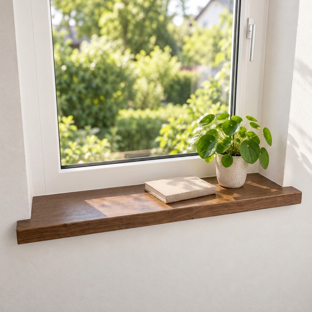 Alféizar de renovación de roble teñido de marrón, madera maciza, en ventana con vista al jardín, planta en maceta y libro