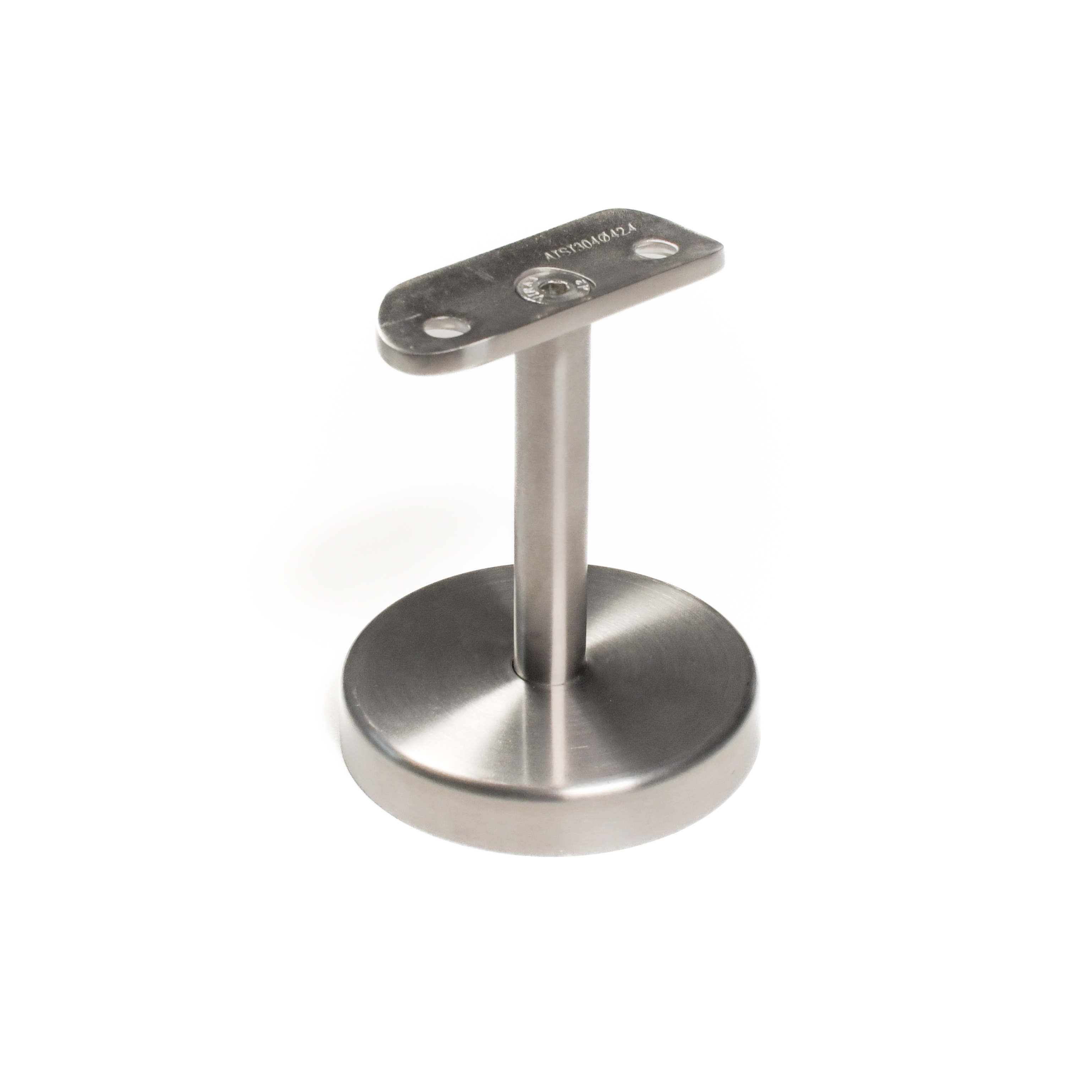 Soporte para pasamanos modelo 06 corto de acero inoxidable con placa curvada y roseta redonda, recortado desde arriba