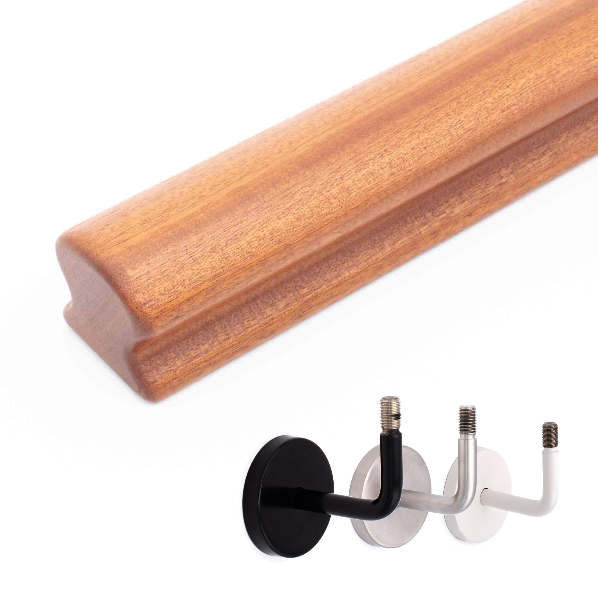Pasamanos Omega de caoba con extremo redondeado, debajo tres soportes de pared en negro, acero inoxidable y blanco a elegir