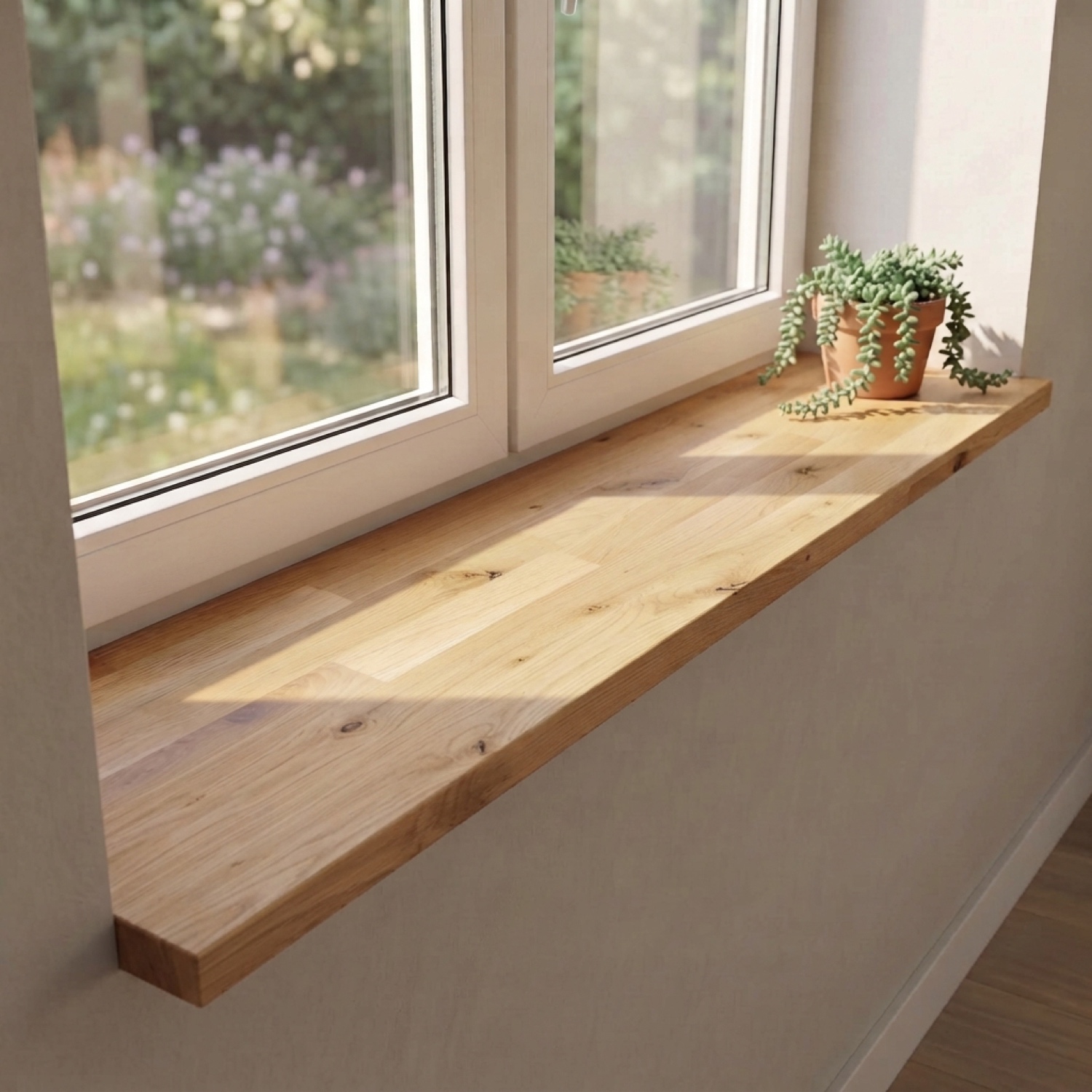Alféizar de roble silvestre natural con unión dentada y nudos bajo ventana doble con vista al jardín y planta colgante