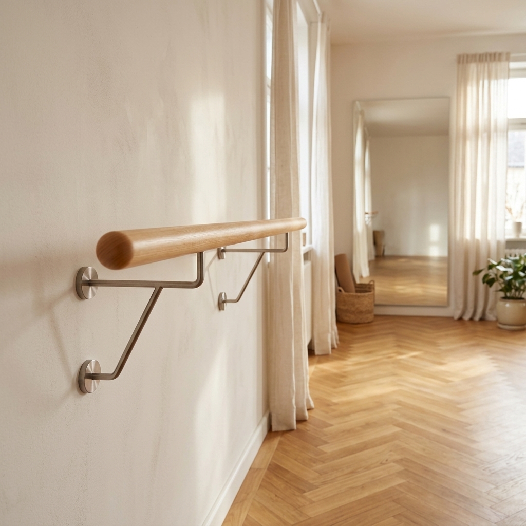 Barra de ballet de haya redonda con soportes de acero inoxidable en pared clara, sala con parquet en espiga y espejo