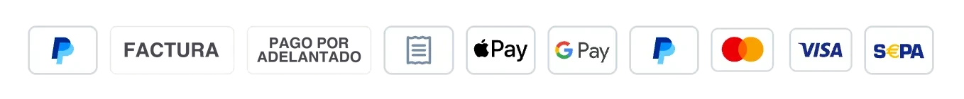 Métodos de pago: PayPal, factura, pago por adelantado, Apple Pay, Google Pay, Mastercard, Visa y adeudo directo SEPA