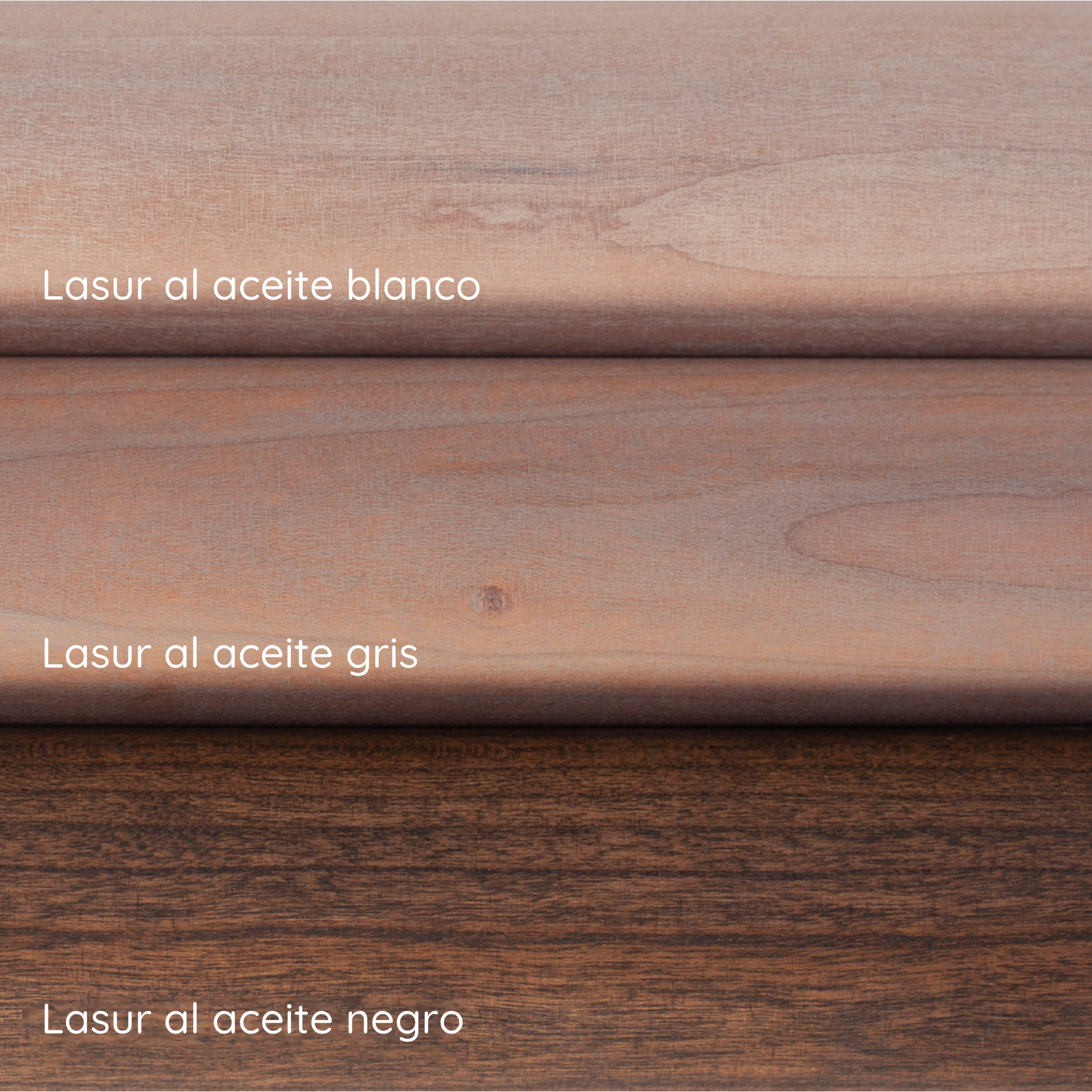 Lasur al aceite blanco, gris y negro sobre pasamanos de cerezo: tres muestras de color superpuestas con rótulo