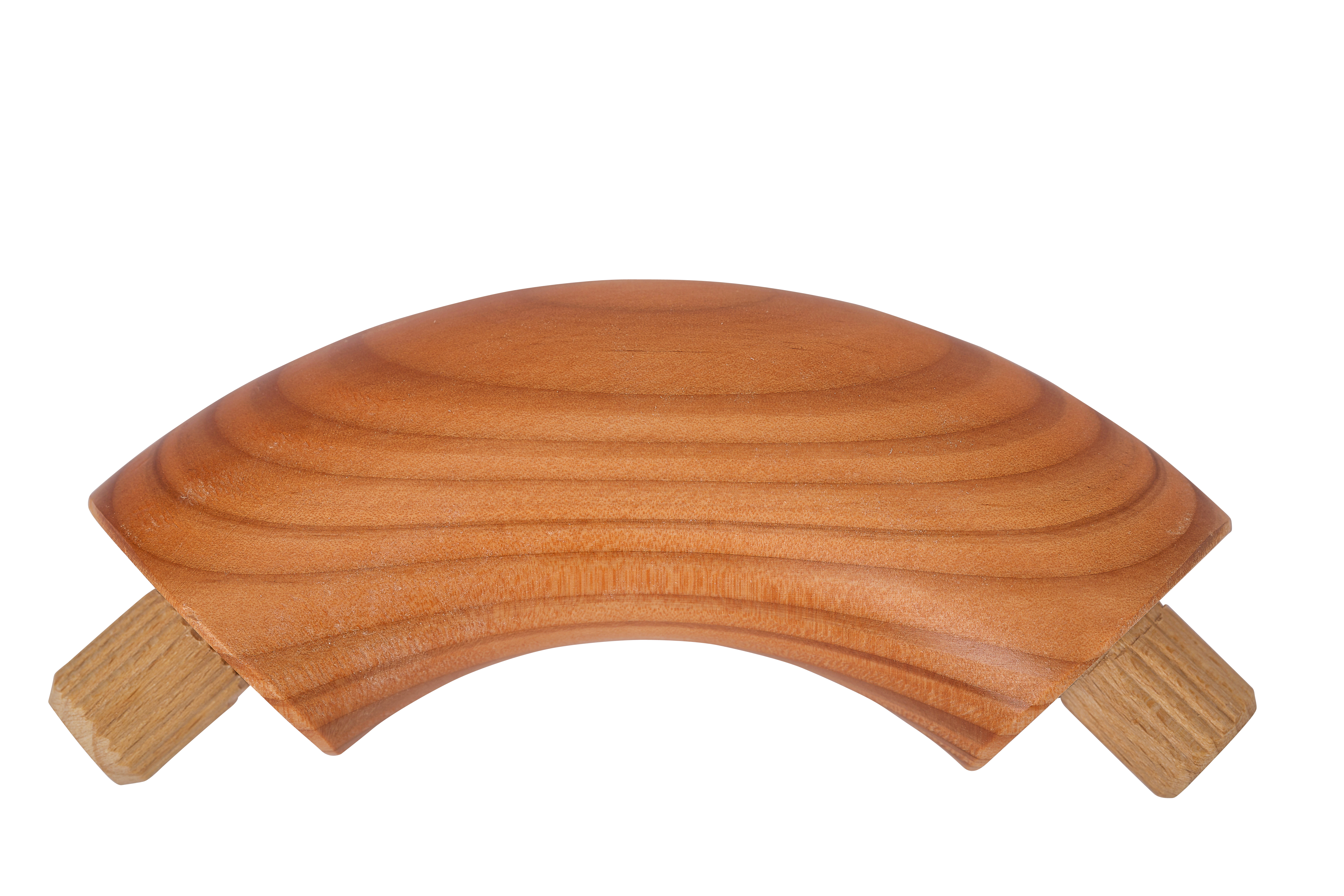 Codo redondo de alerce de 90° para pasamanos de madera, vista lateral con dos espigas de madera en los extremos, fondo blanco