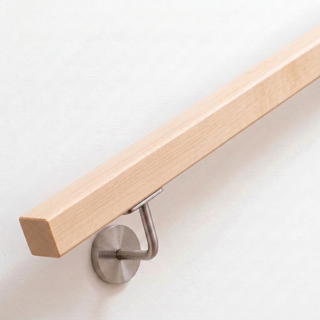 Pasamanos cuadrado de arce en pared blanca con soporte de acero inoxidable, madera clara natural, vista oblicua