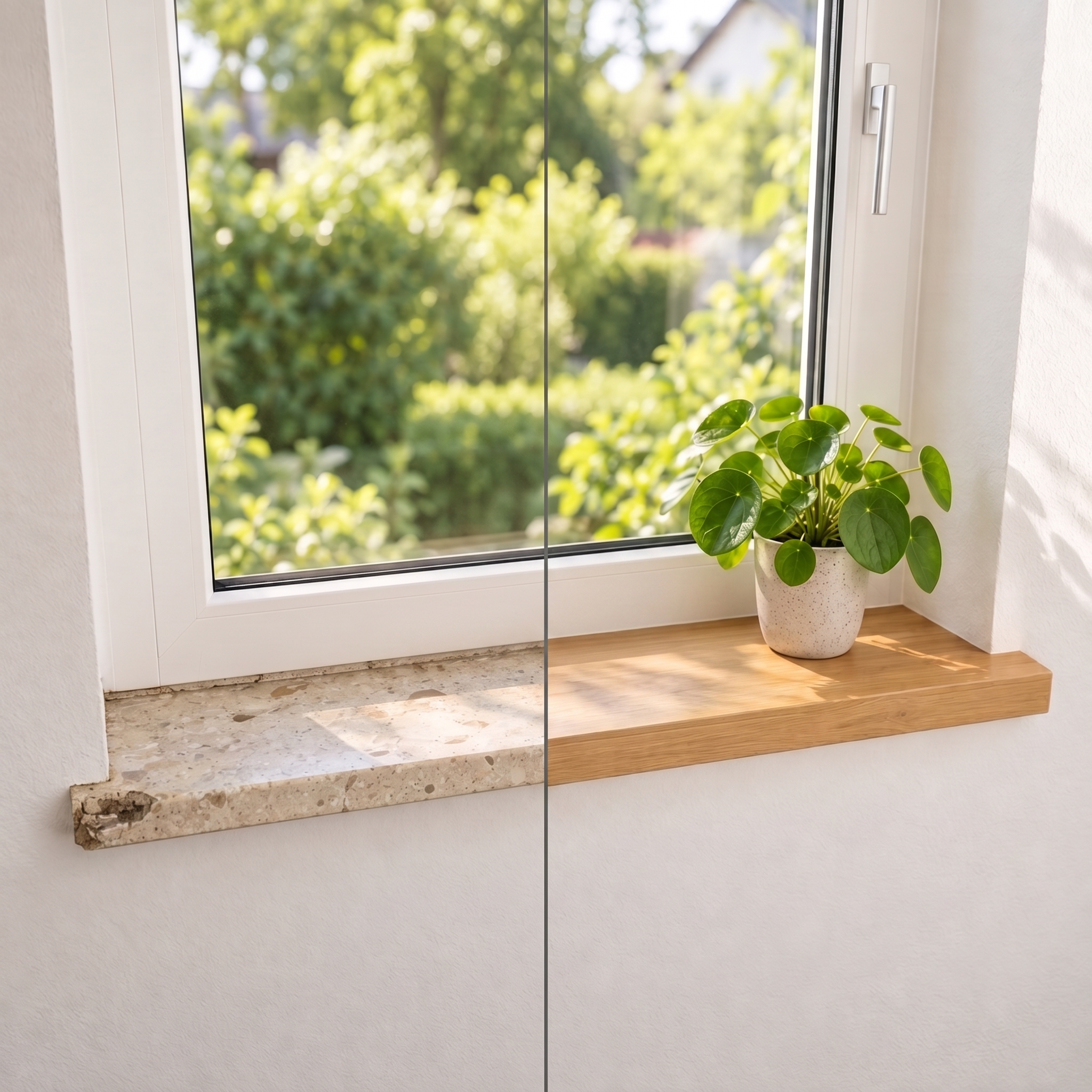 Alféizar de renovación de roble natural en la ventana, antes y después: piedra a la izquierda, roble claro a la derecha