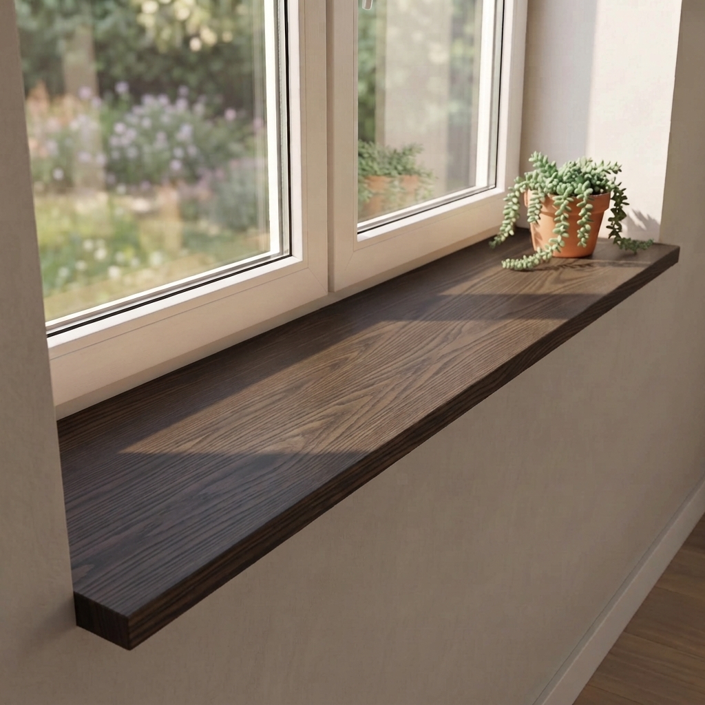 Alféizar de melamina con aspecto de madera de nogal bajo ventana doble con vistas al jardín y planta colgante en maceta