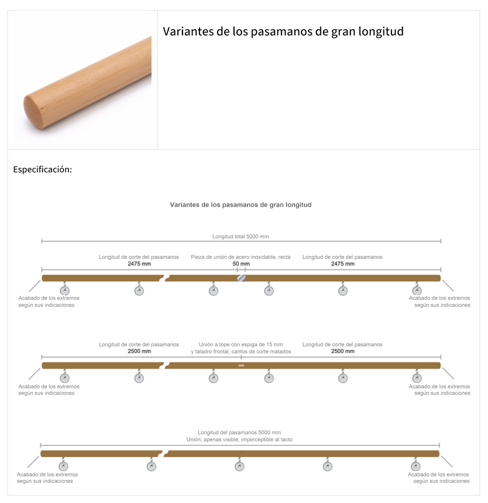 Ficha técnica de pasamanos de gran longitud: croquis de 5000 mm con unión de acero inoxidable, unión con espigas o inglete