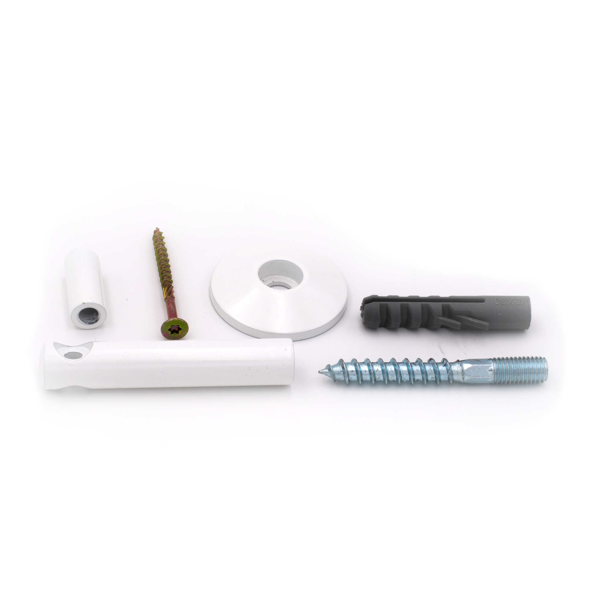Soporte para pasamanos modelo 05 blanco, piezas: tubo, roseta cónica, separador, tornillo de doble rosca, taco y tirafondo