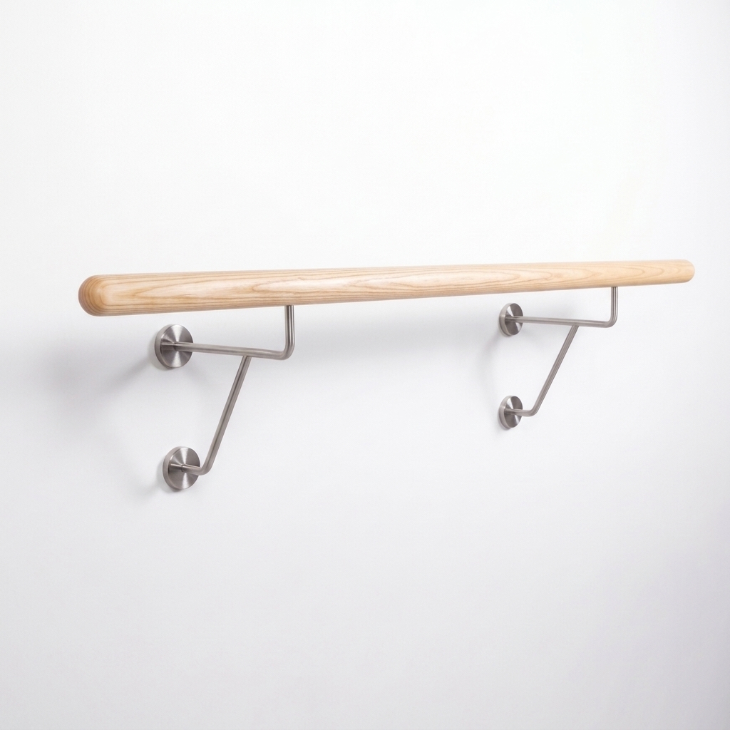 Barra de ballet de fresno redonda con dos soportes dobles de acero inoxidable, madera clara con veteado, recortada