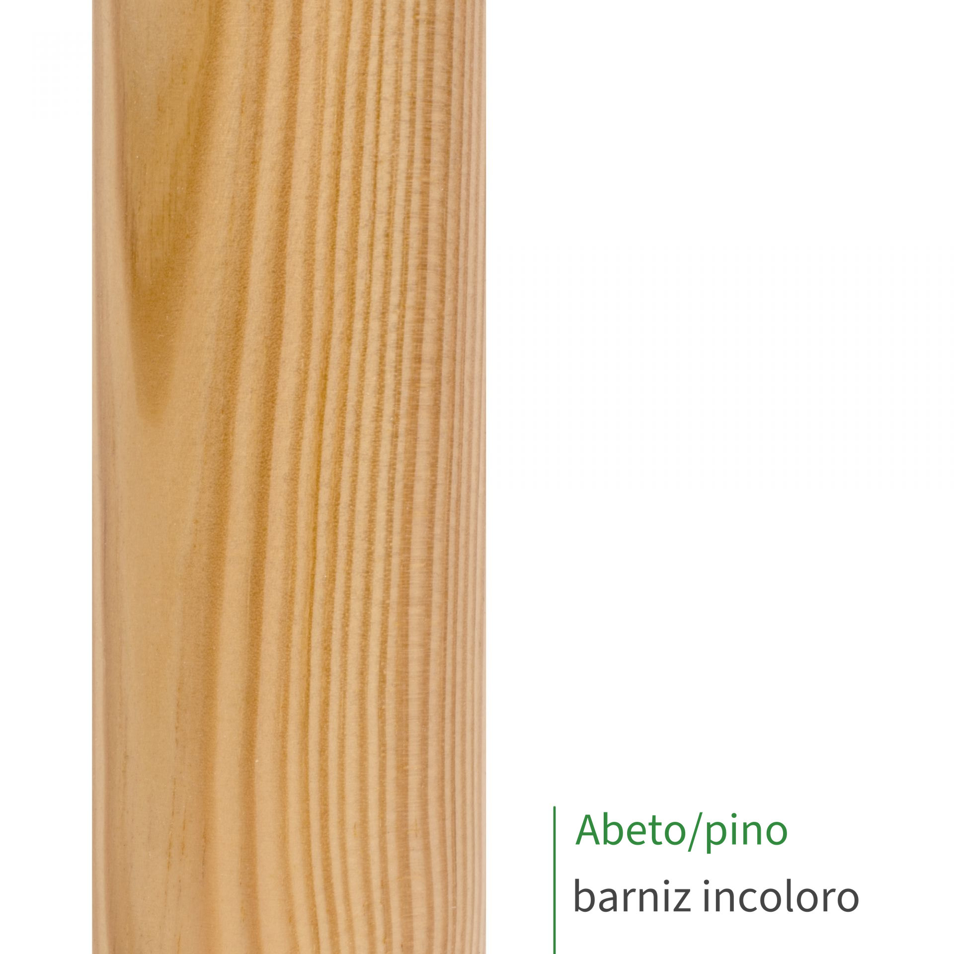 Muestra de pasamanos de abeto con barniz incoloro, veteado amarillento muy marcado, rótulo «Abeto/pino barniz incoloro»
