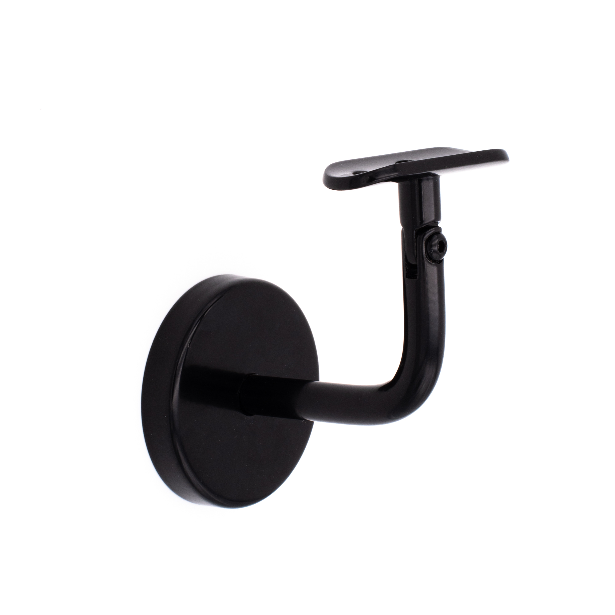 Soporte para pasamanos modelo 04 negro con placa curvada y roseta de pared redonda, recortado en vista oblicua frontal
