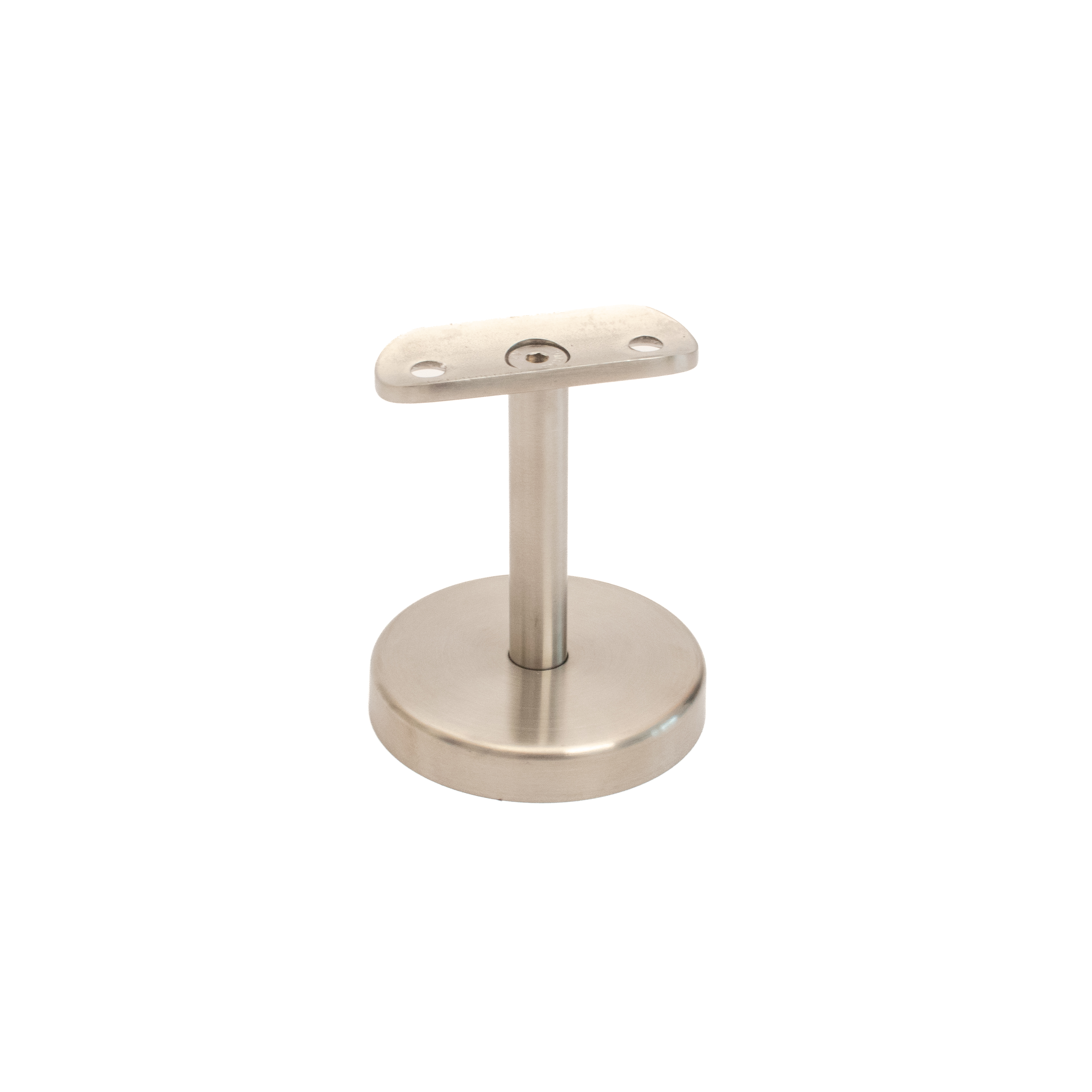 Soporte para pasamanos modelo 06 corto de acero inoxidable, fijación en 3 puntos, base redonda, perno corto y placa curvada