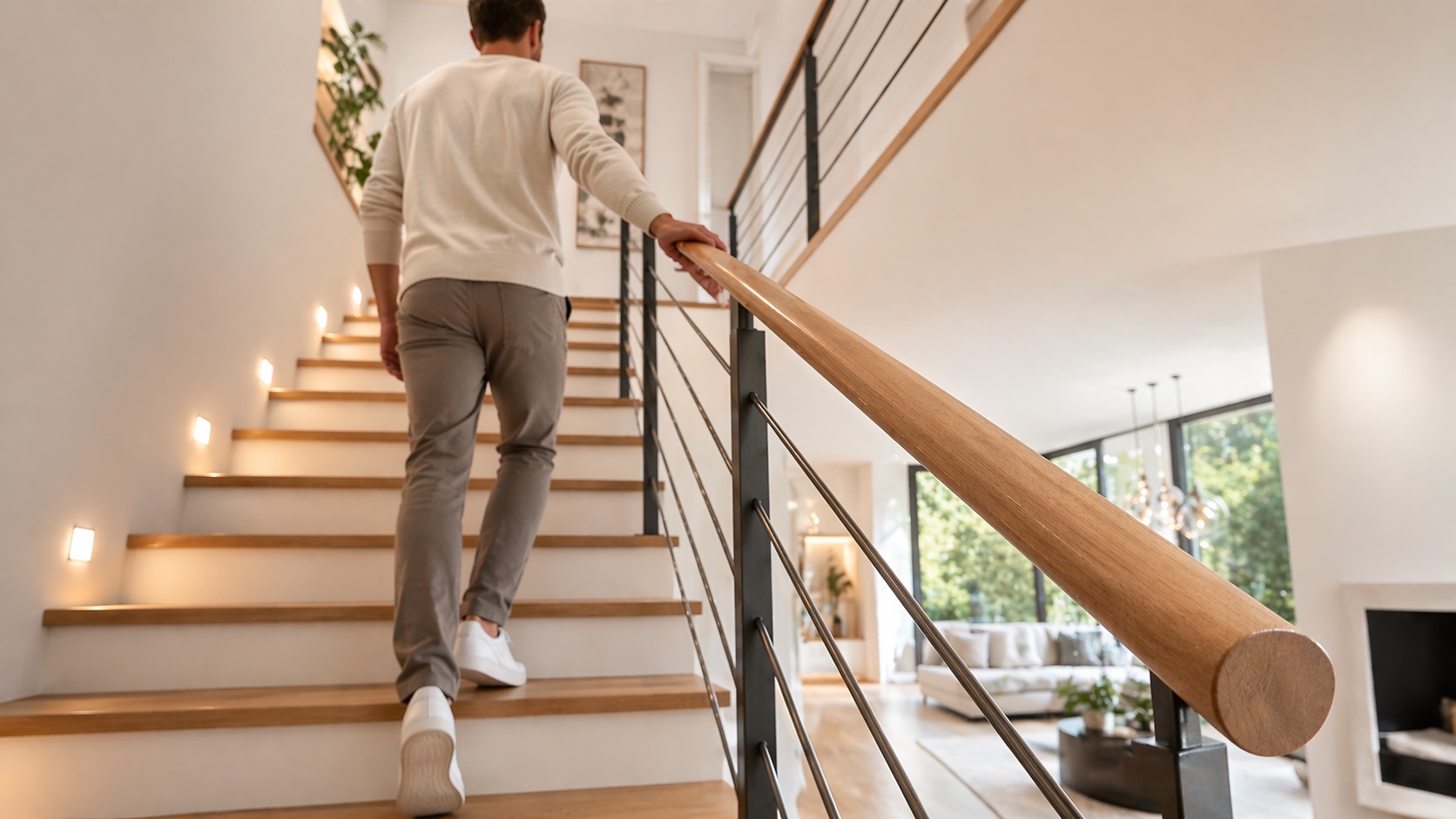 Pasamanos redondo de madera sobre barandilla negra de barrotes, persona subiendo una escalera de madera en casa moderna