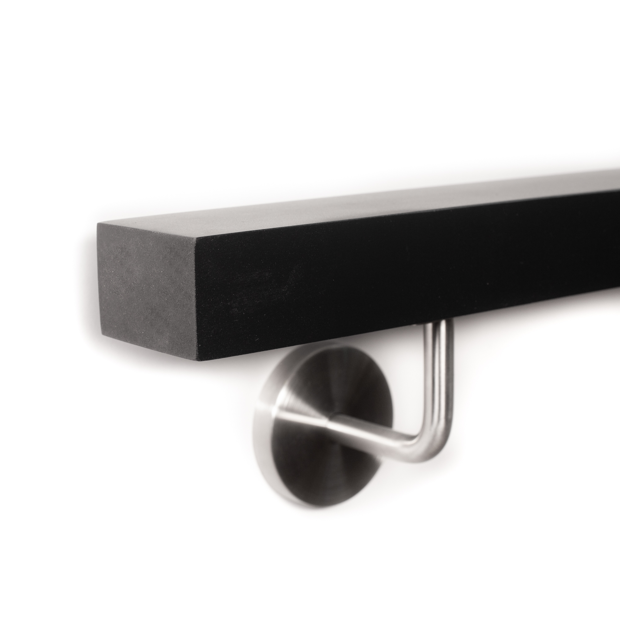 Pasamanos rectangular de haya negro en horizontal con soporte de acero inoxidable, extremo recto, cantos vivos