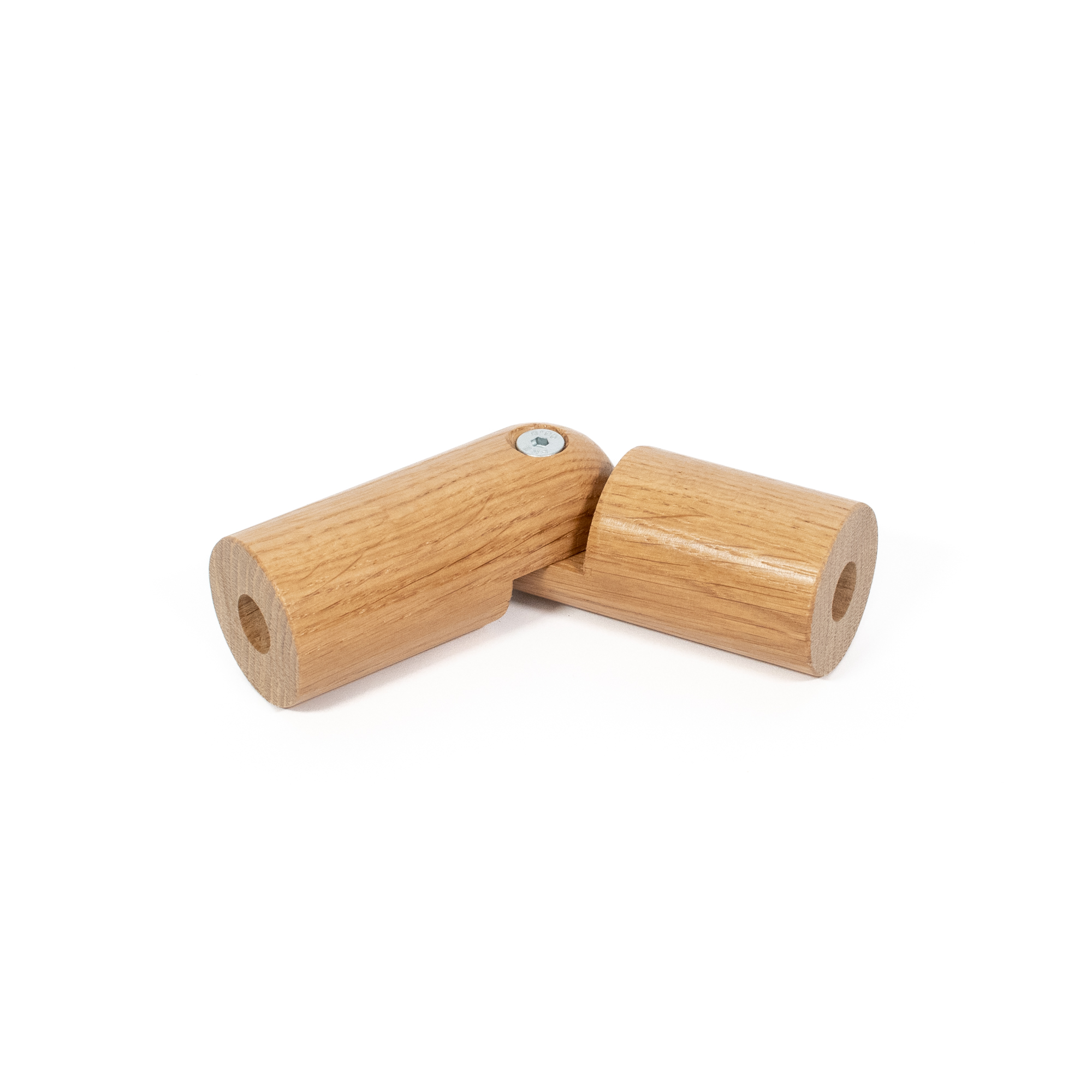 Ángulo flexible de roble Ø 42 mm para pasamanos de madera, angulado a 90°, tornillo de articulación visible