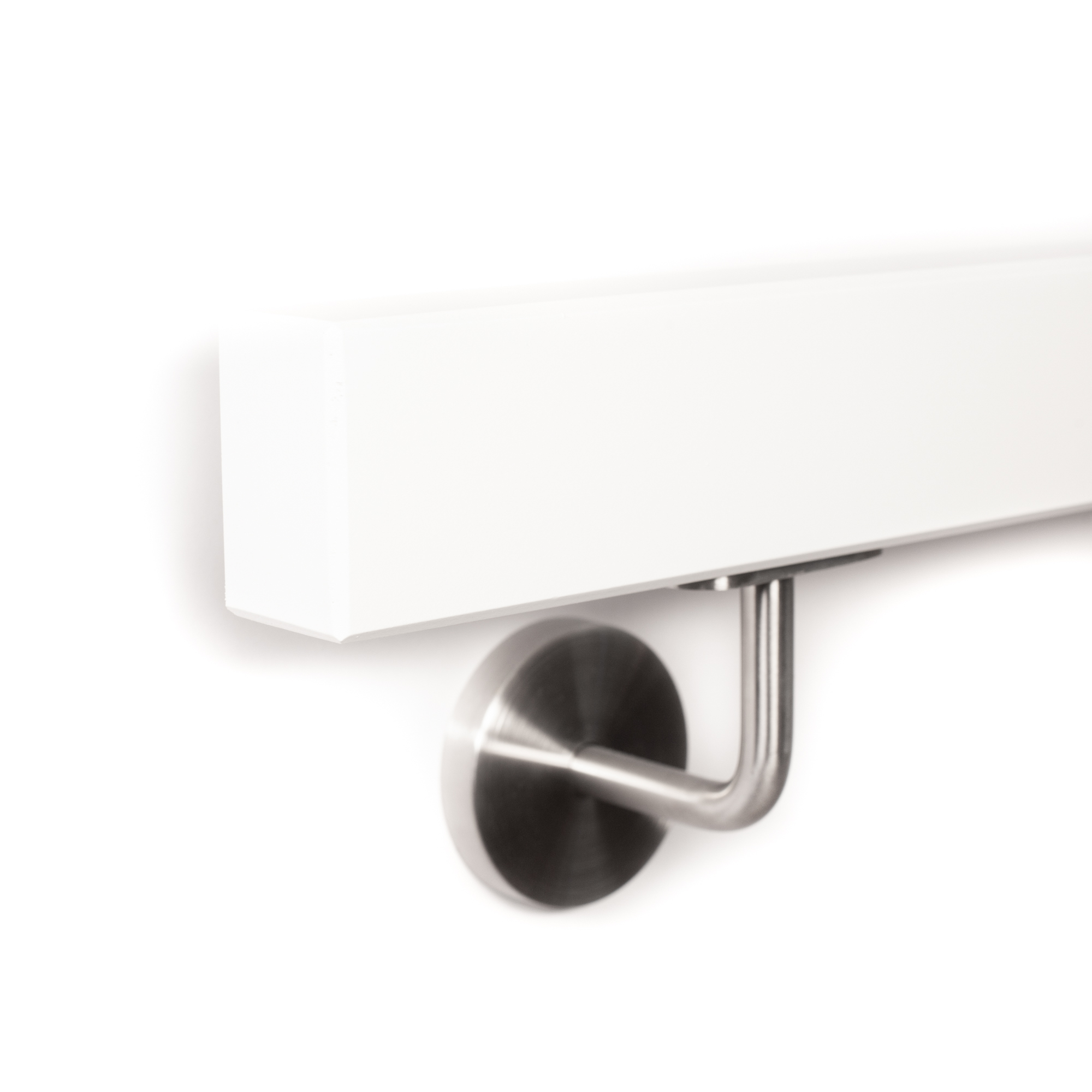 Pasamanos rectangular de haya blanco de canto con soporte de acero inoxidable, extremo con bisel en los cantos