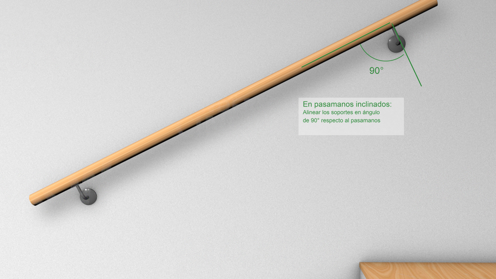 Soporte para pasamanos a 90 grados respecto al pasamanos inclinado: render de pasamanos de madera en la pared con ángulo