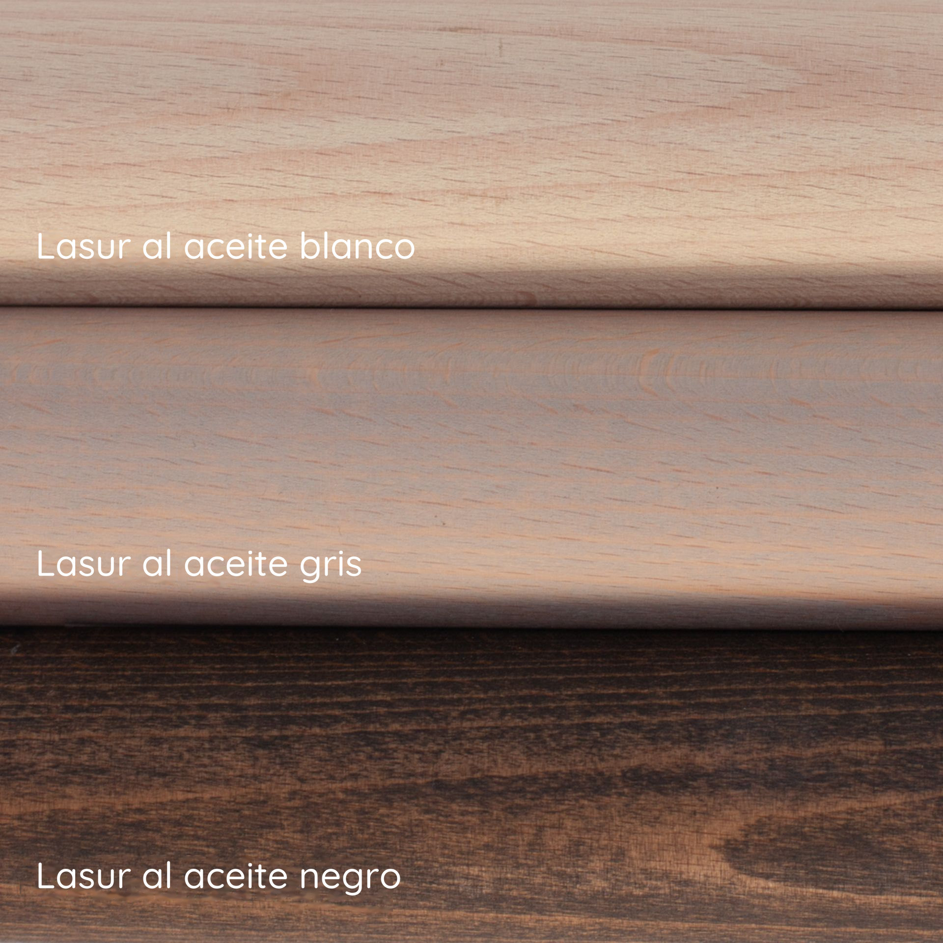 Lasur al aceite blanco, gris y negro sobre pasamanos de haya: tres muestras de color superpuestas con rótulo
