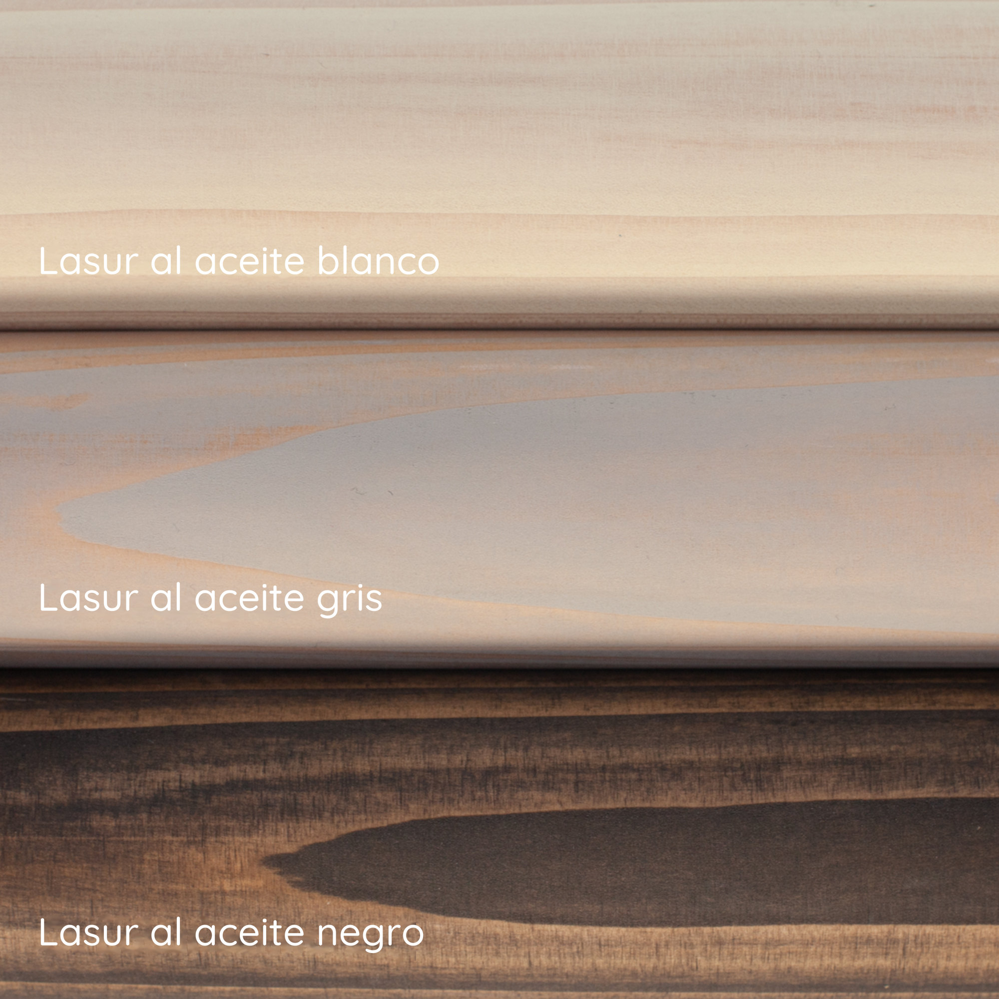 Lasur al aceite blanco, gris y negro sobre pasamanos de abeto: tres muestras de color superpuestas con rótulo