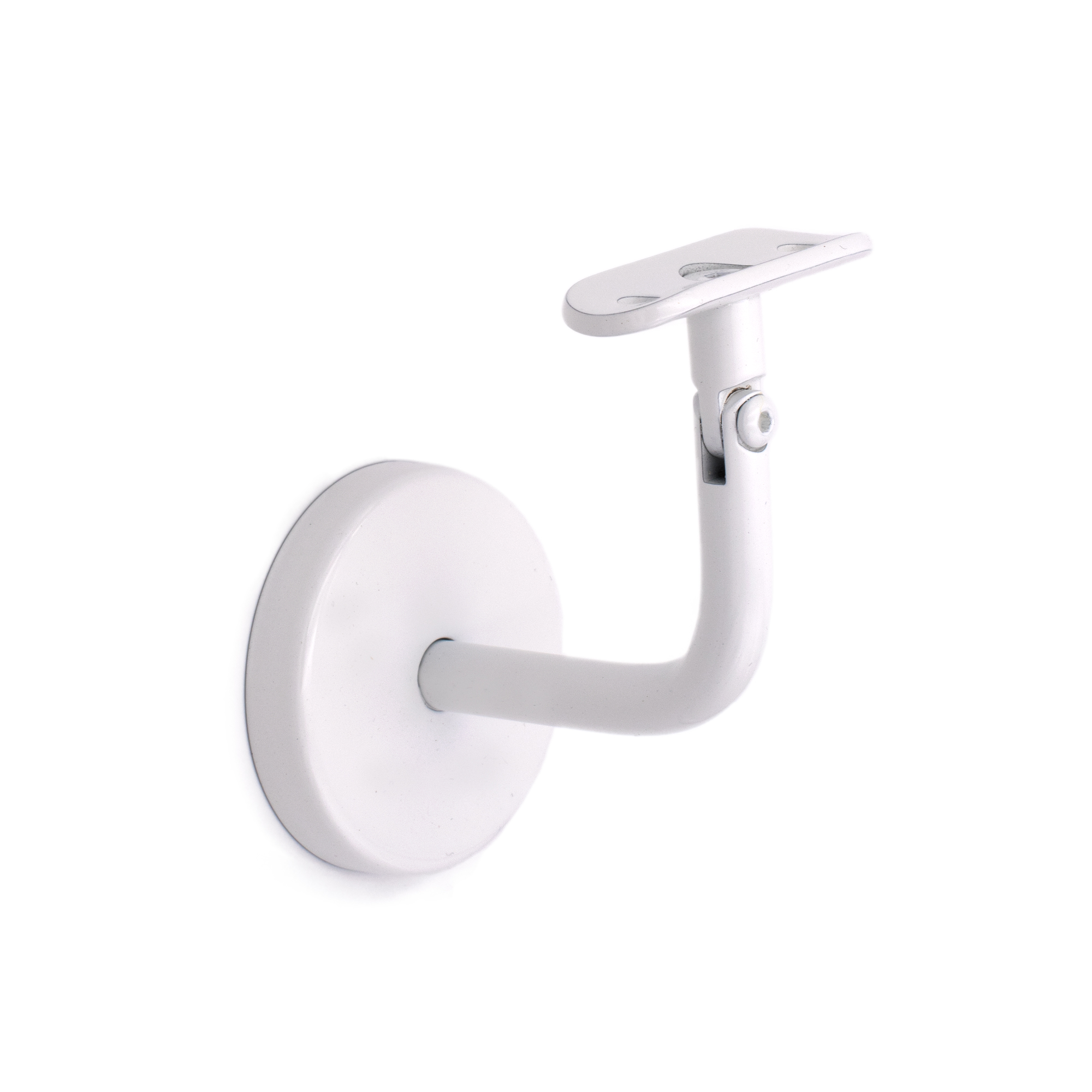 Soporte para pasamanos modelo 04 blanco con placa curvada y roseta de pared redonda, recortado en vista oblicua frontal