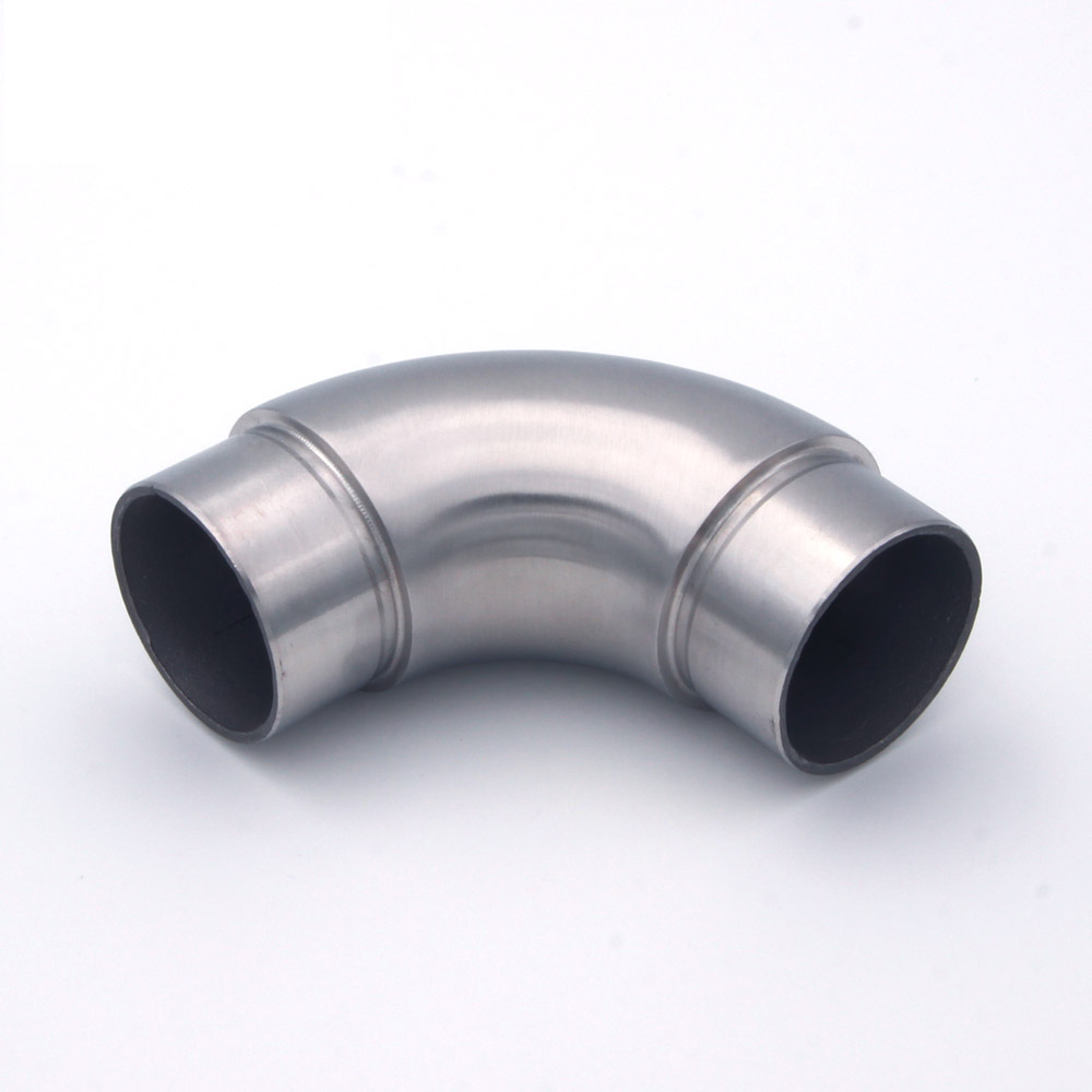 Codo redondo de 90° de acero inoxidable para pasamanos de acero inoxidable de 42,4 mm de diámetro, dos manguitos, recortado