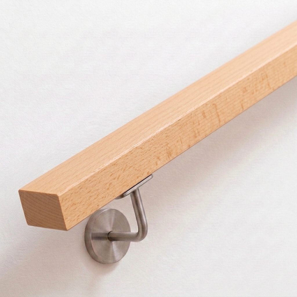 Pasamanos rectangular de haya claro con soporte de acero inoxidable en pared blanca, extremo recto, vista desde arriba
