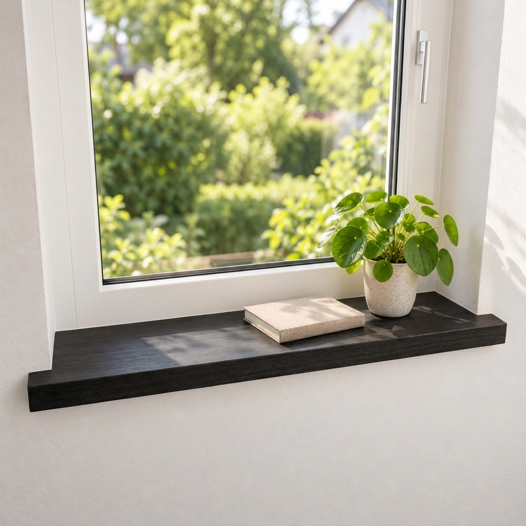 Alféizar de renovación de haya teñido de negro, madera maciza, ante ventana blanca con vista al jardín, pilea en maceta