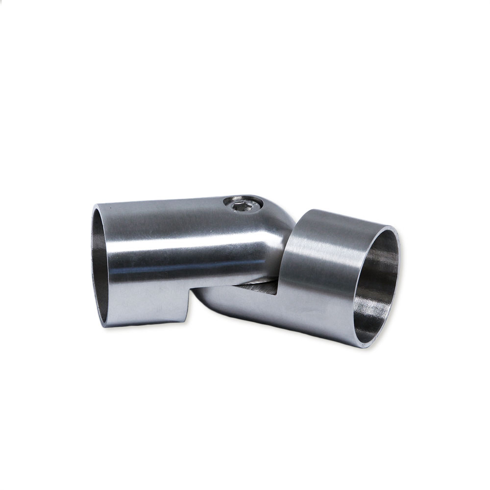 Pieza de unión flexible de acero inoxidable para pasamanos de madera de 42 mm, angulada con tornillo de apriete, fondo blanco