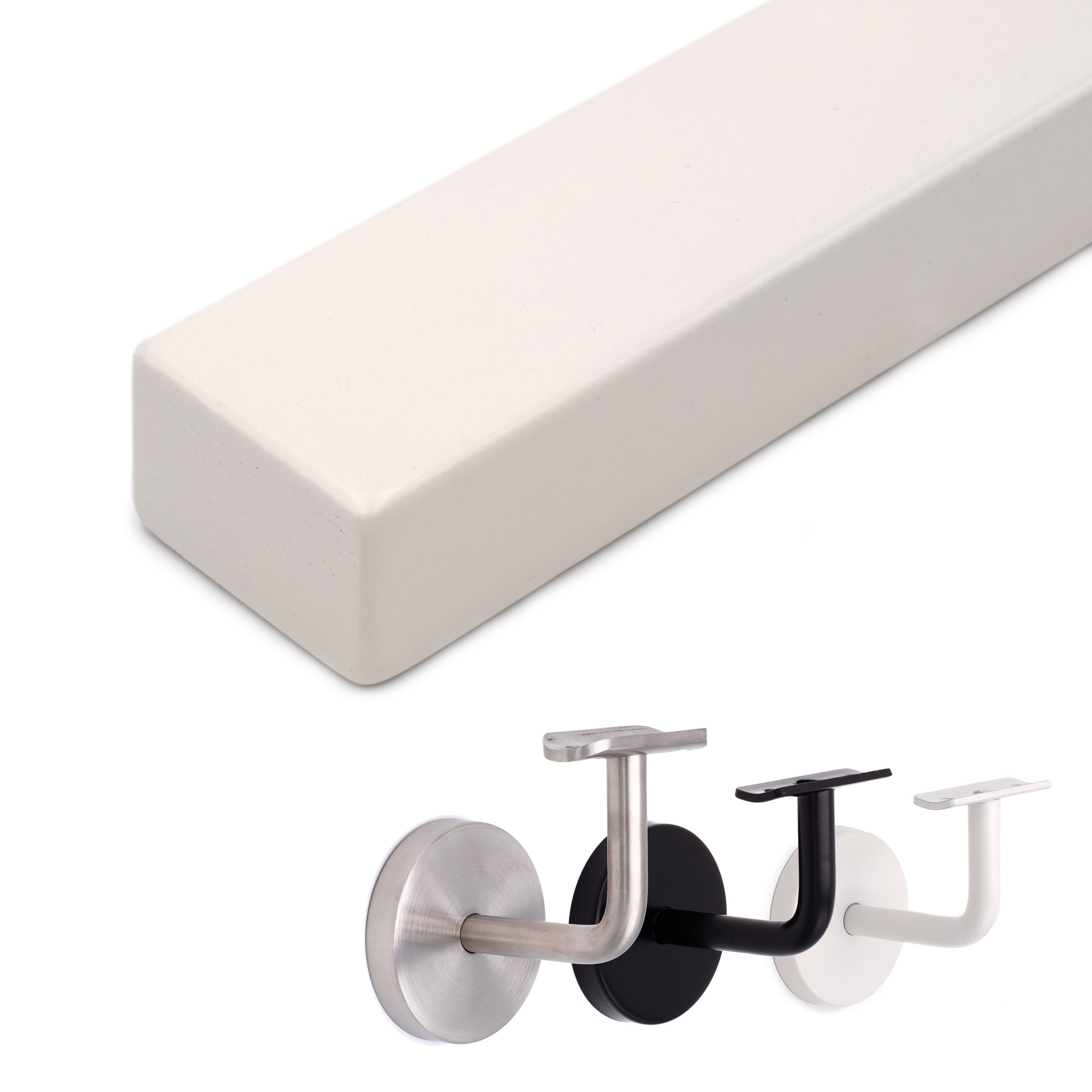 Pasamanos rectangular de haya blanco en horizontal, cantos redondeados, junto a soportes en acero inoxidable, negro y blanco