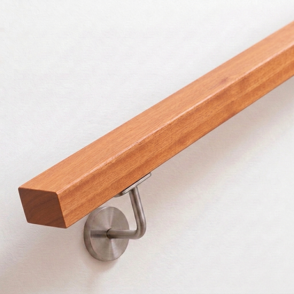Pasamanos rectangular de cerezo rojizo cálido con soporte de acero inoxidable en pared blanca, extremo recto, vista oblicua