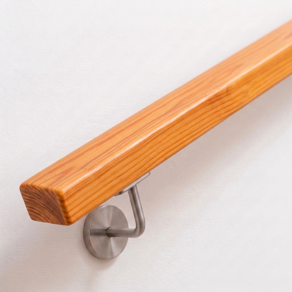Pasamanos rectangular de alerce con veteado amarillo rojizo y soporte de acero inoxidable en pared blanca, extremo recto