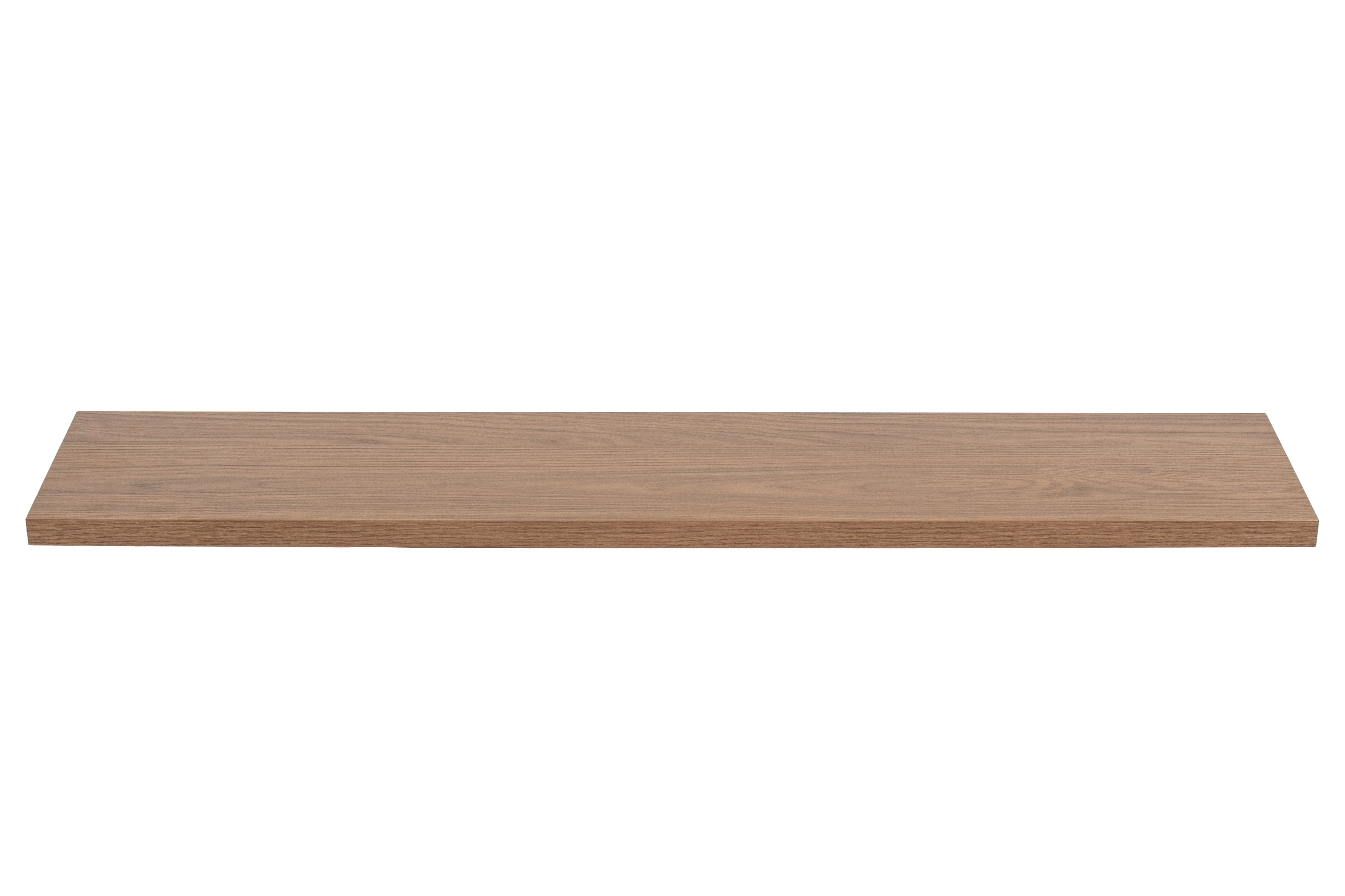 Alféizar de melamina con aspecto de madera de nogal, vista frontal sobre fondo blanco