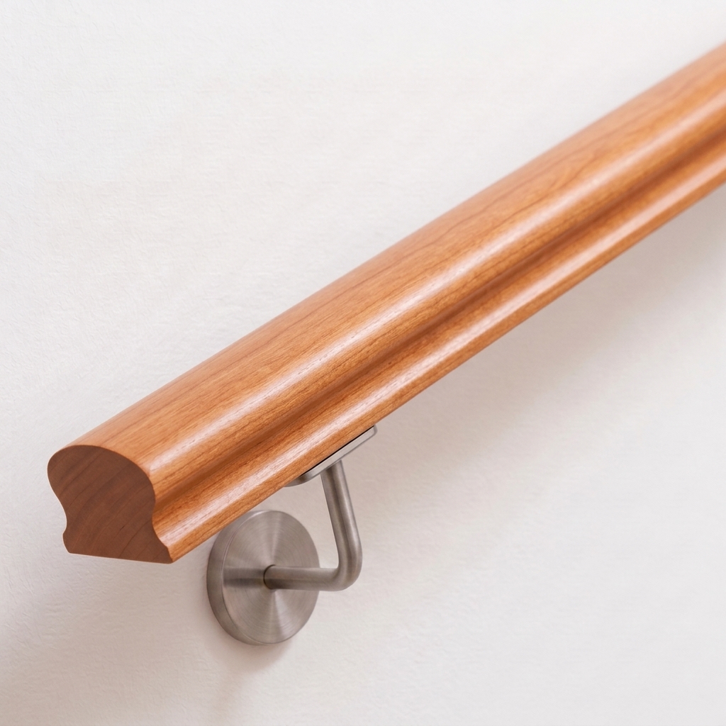 Pasamanos Omega de cerezo con sección perfilada en madera rojiza, soporte de acero inoxidable en pared blanca, extremo recto