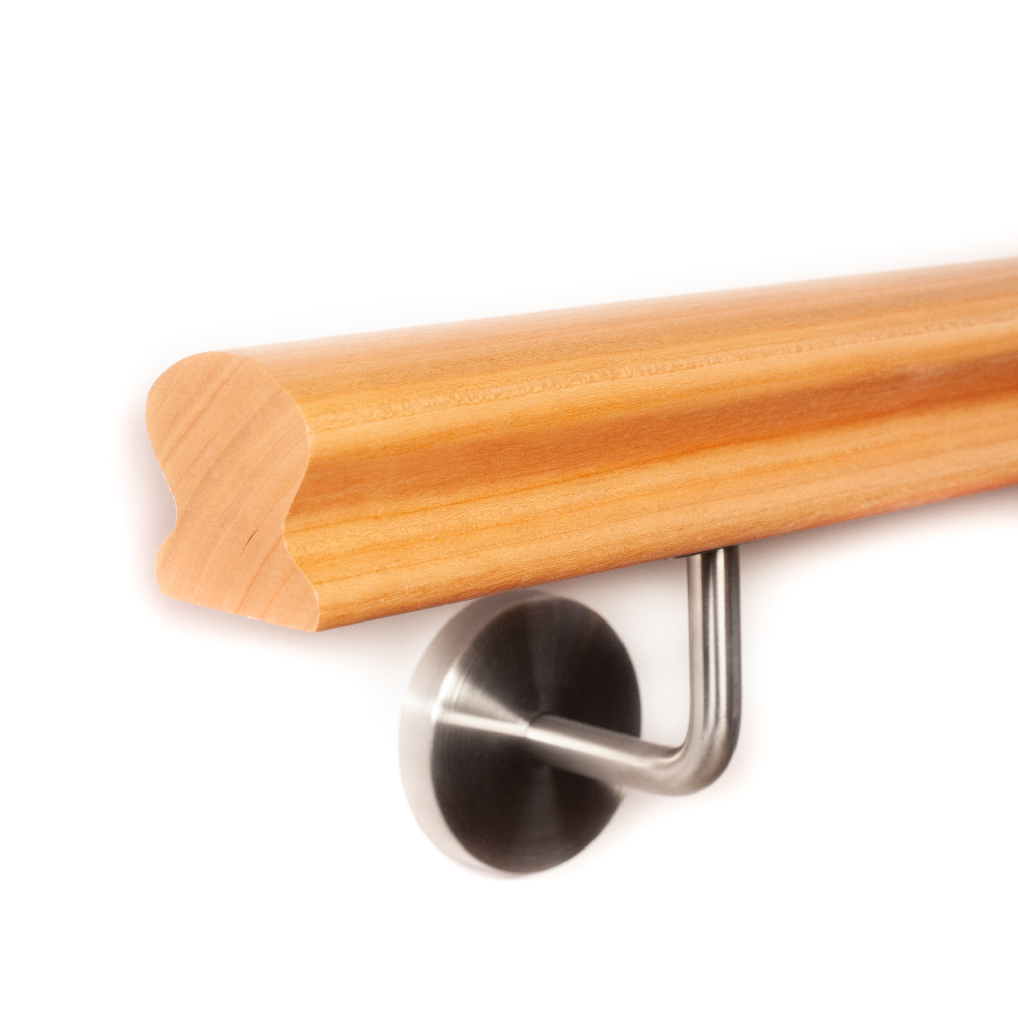 Pasamanos Omega de cerezo con extremo recto y soporte de pared de acero inoxidable, perfil Omega con ranura de agarre lateral