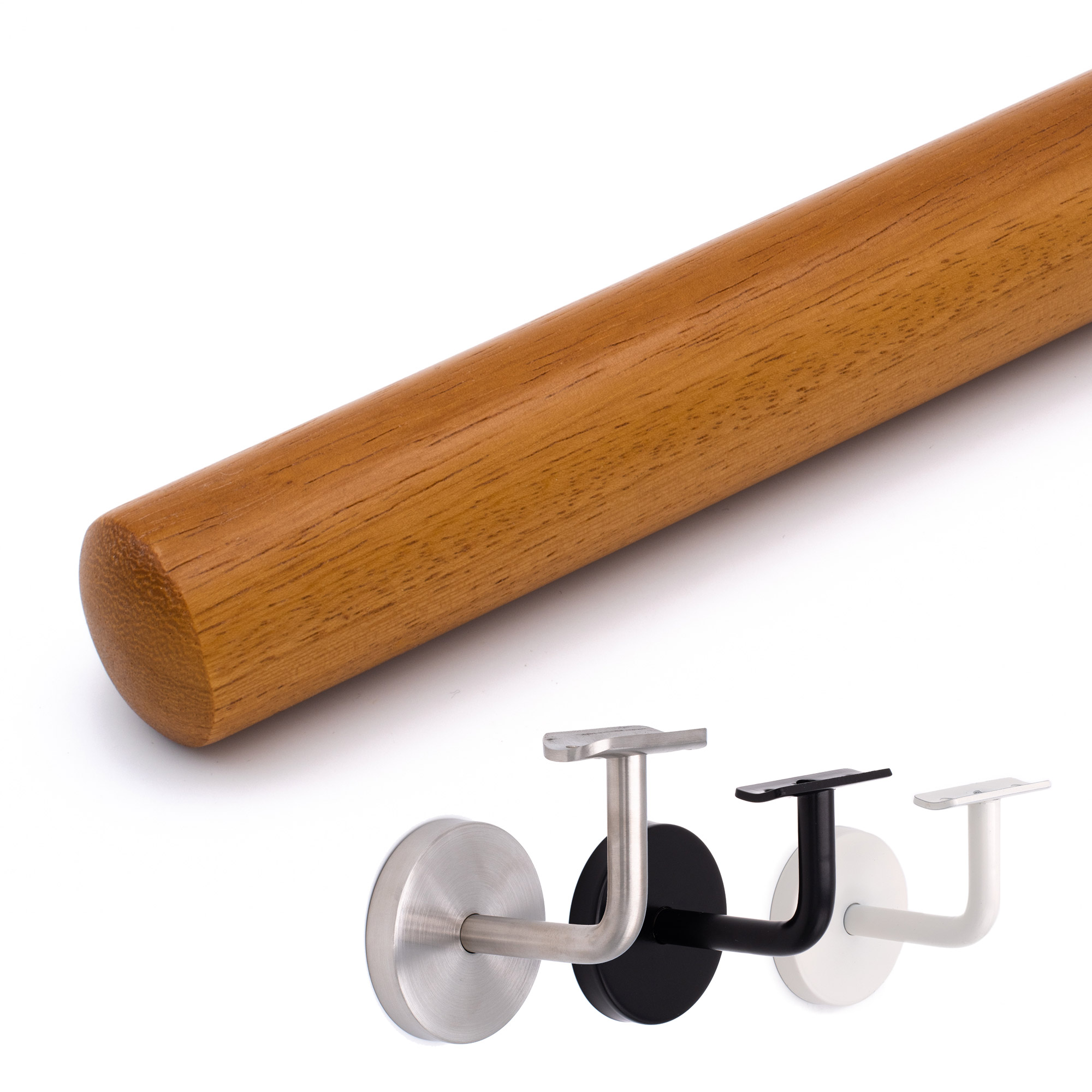 Pasamanos redondo de iroko con extremo recto, debajo tres soportes de pared en acero inoxidable, negro y blanco a elegir