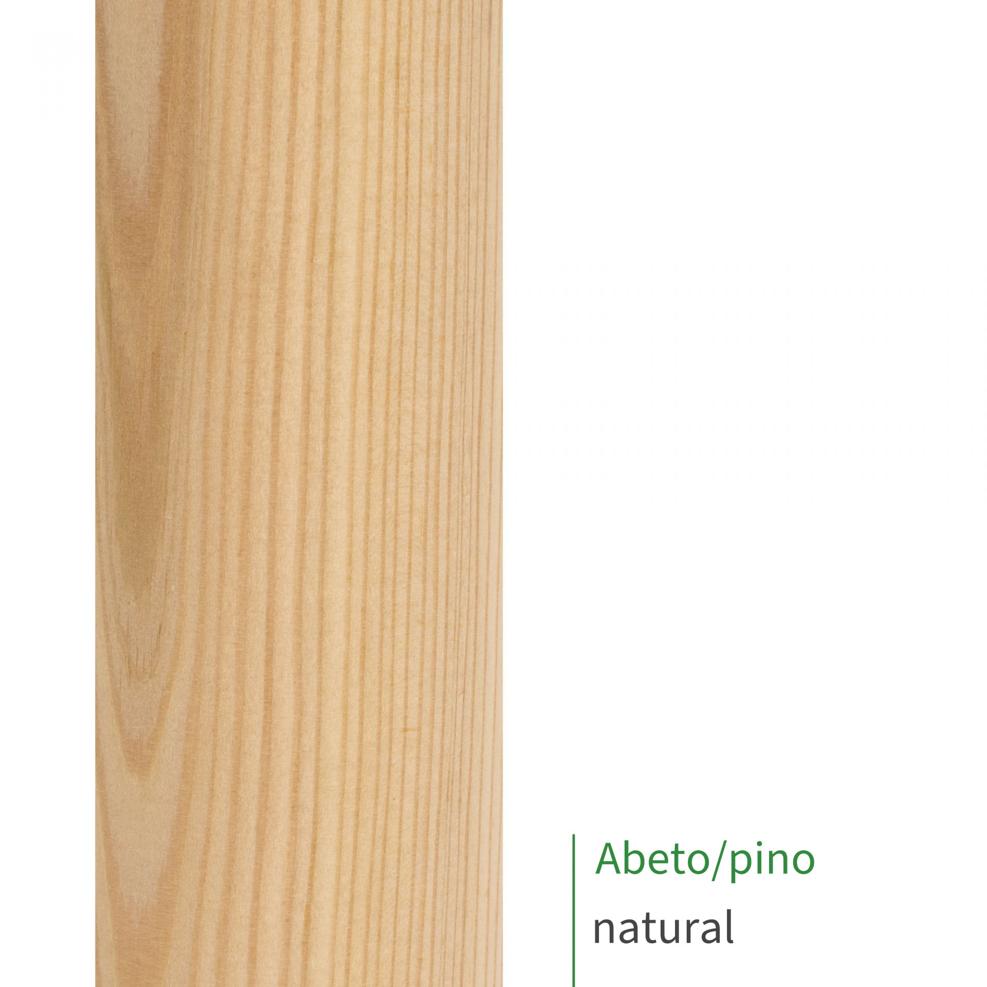 Muestra de pasamanos de abeto sin tratar, veteado claro con vetas rectas, rótulo «Abeto/pino natural»