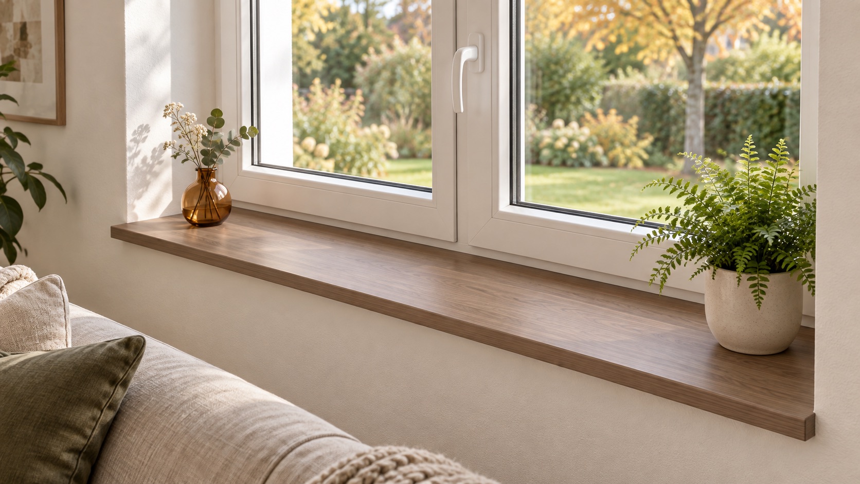 Alféizar con aspecto de madera oscura, de melamina, bajo ventana blanca en el salón con helecho, jarrón y vista al jardín