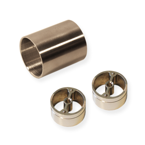 Pieza de unión recta para pasamanos de madera Ø 42 mm, casquillo metálico con dos anillos adaptadores roscables, despiece