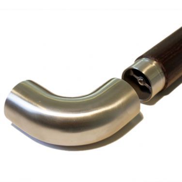 Pieza terminal de 90° de acero inoxidable para pasamanos de madera de 42 mm ante pasamanos redondo oscuro con pieza de unión