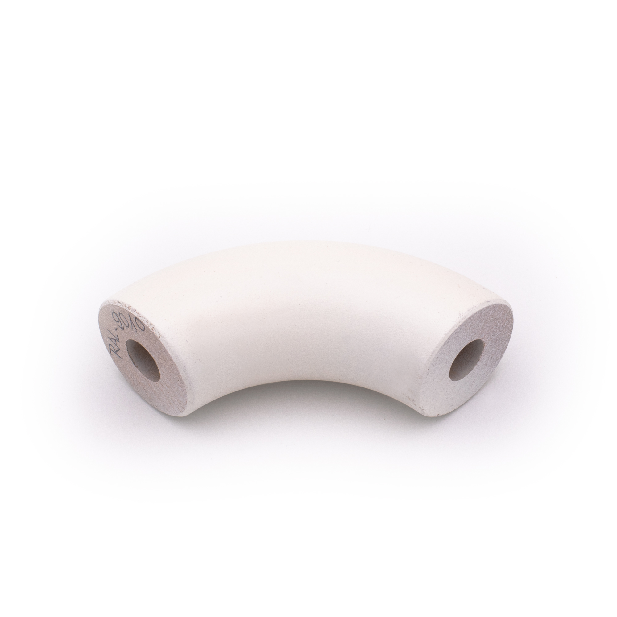 Codo redondo blanco de haya de 90° para pasamanos de madera, lacado en blanco con taladros en ambos extremos, fondo blanco